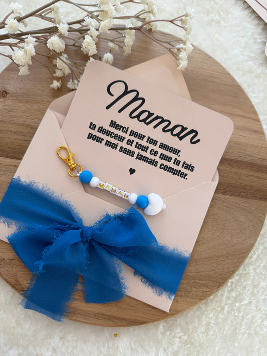 Cadeau fête des mamans, fête des mères, carte avec porte clé  bleu foncé