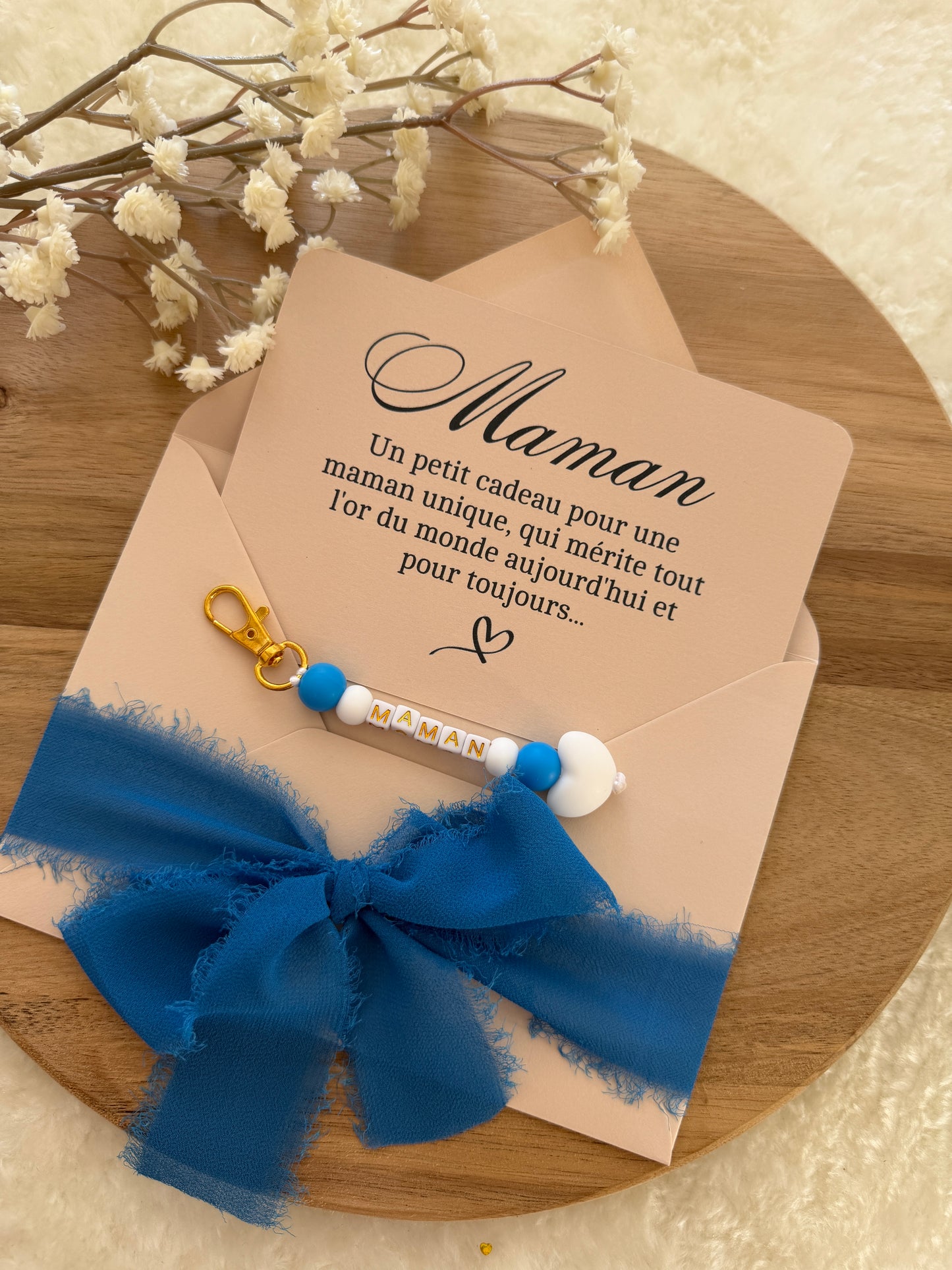 Cadeau fête des mamans, fête des mères, carte avec porte clé  bleu foncé
