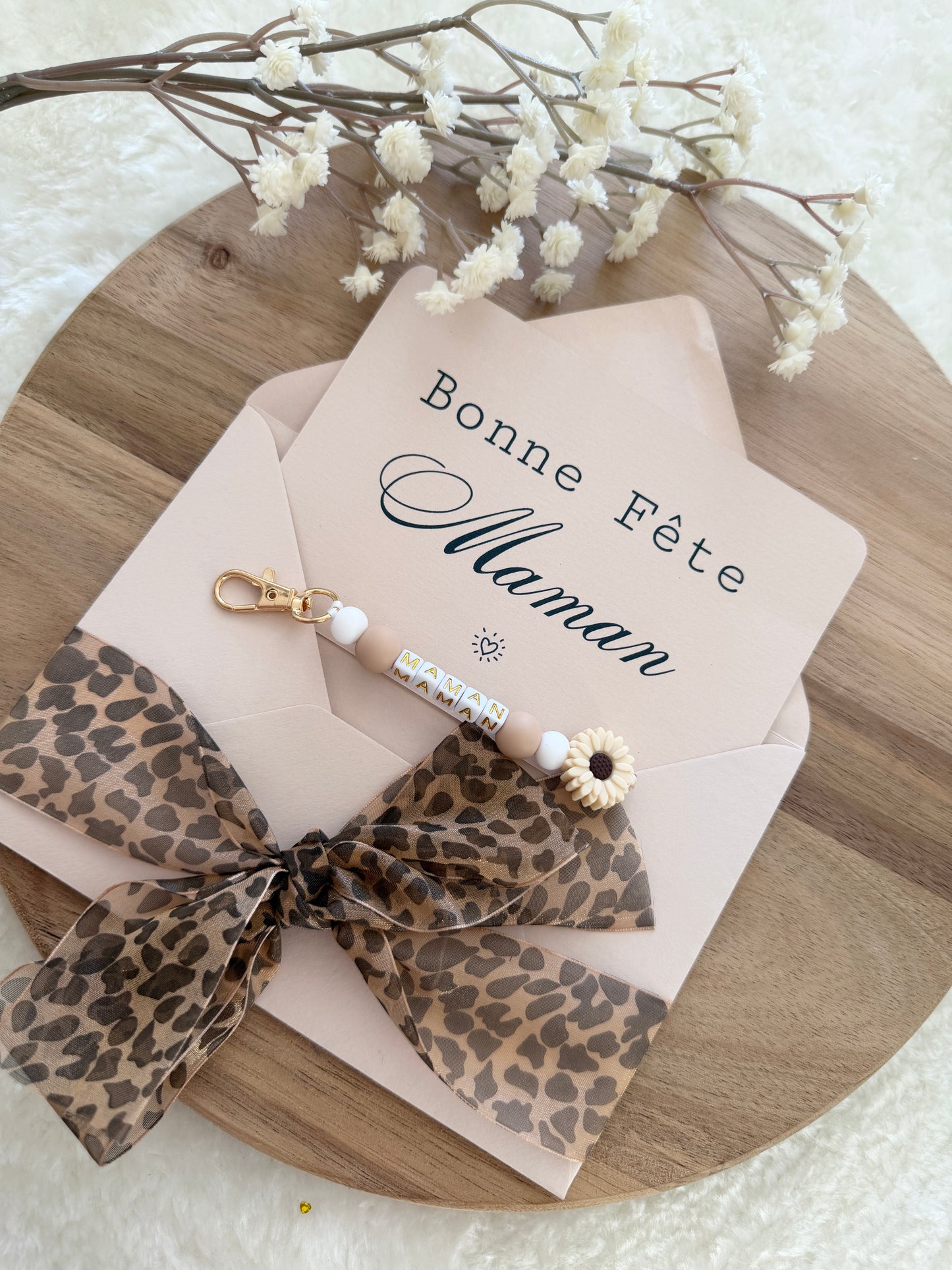 Cadeau fête des mamans, fête des mères, carte avec porte clé léopard