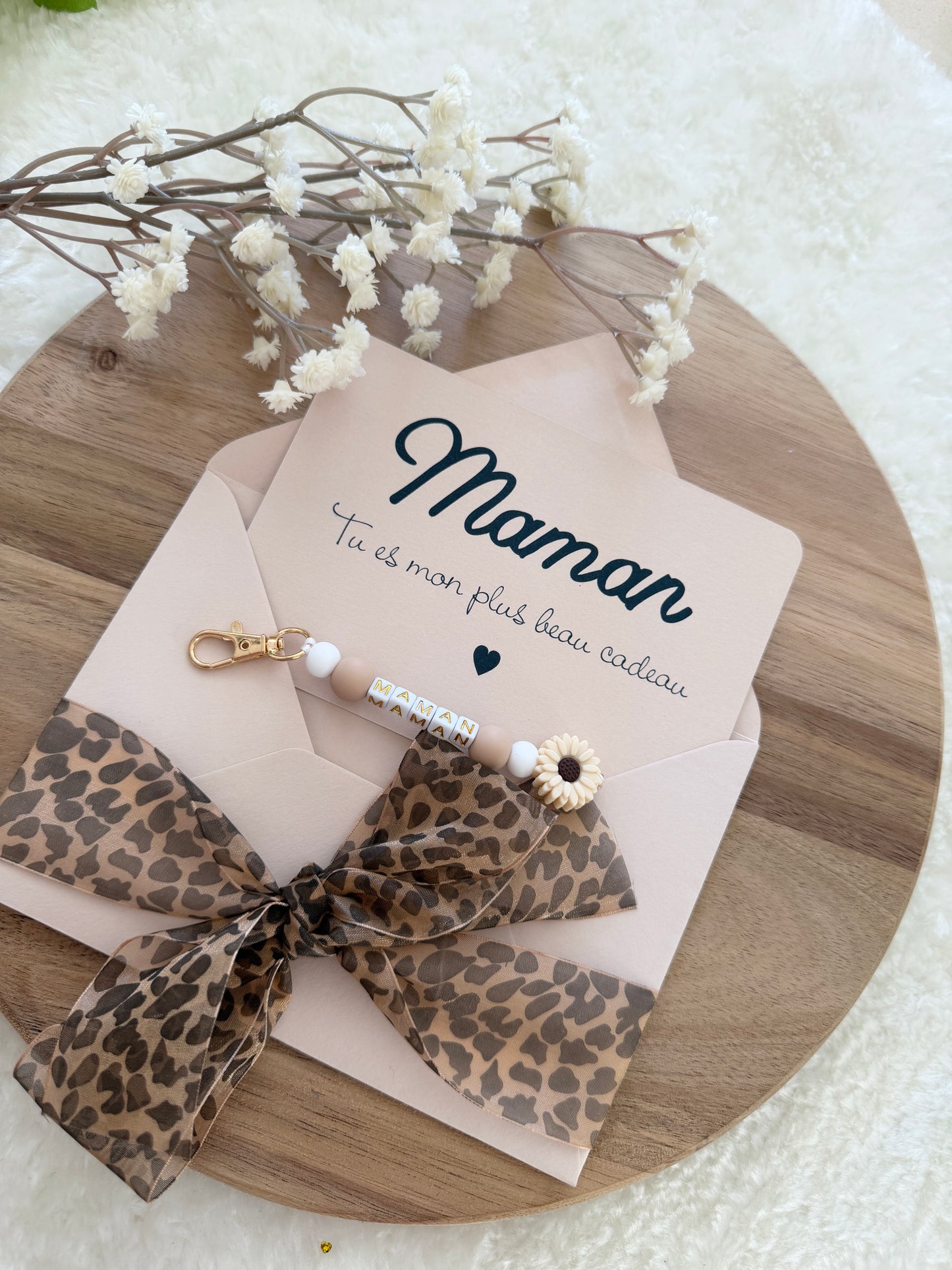 Cadeau fête des mamans, fête des mères, carte avec porte clé léopard