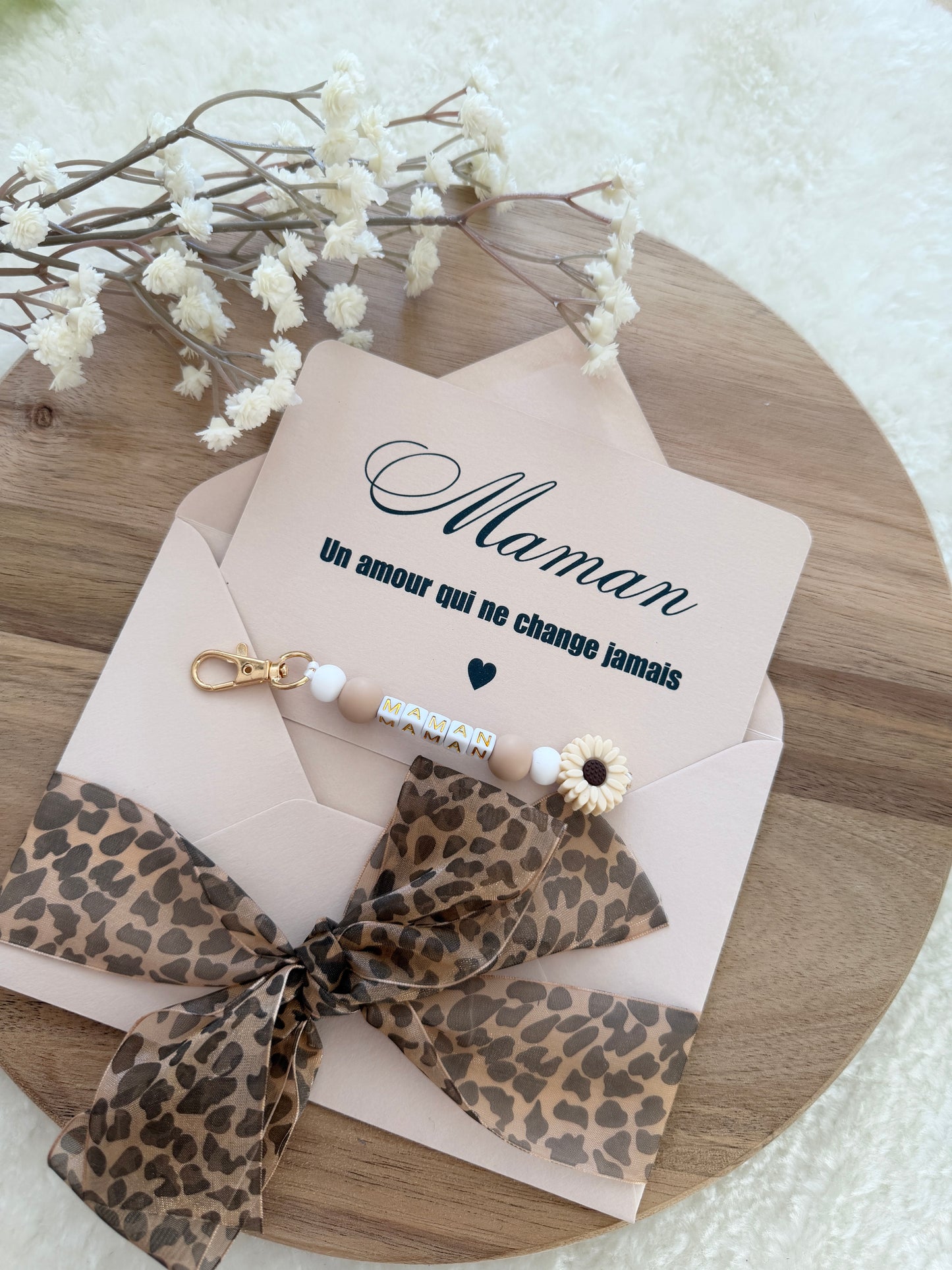 Cadeau fête des mamans, fête des mères, carte avec porte clé léopard
