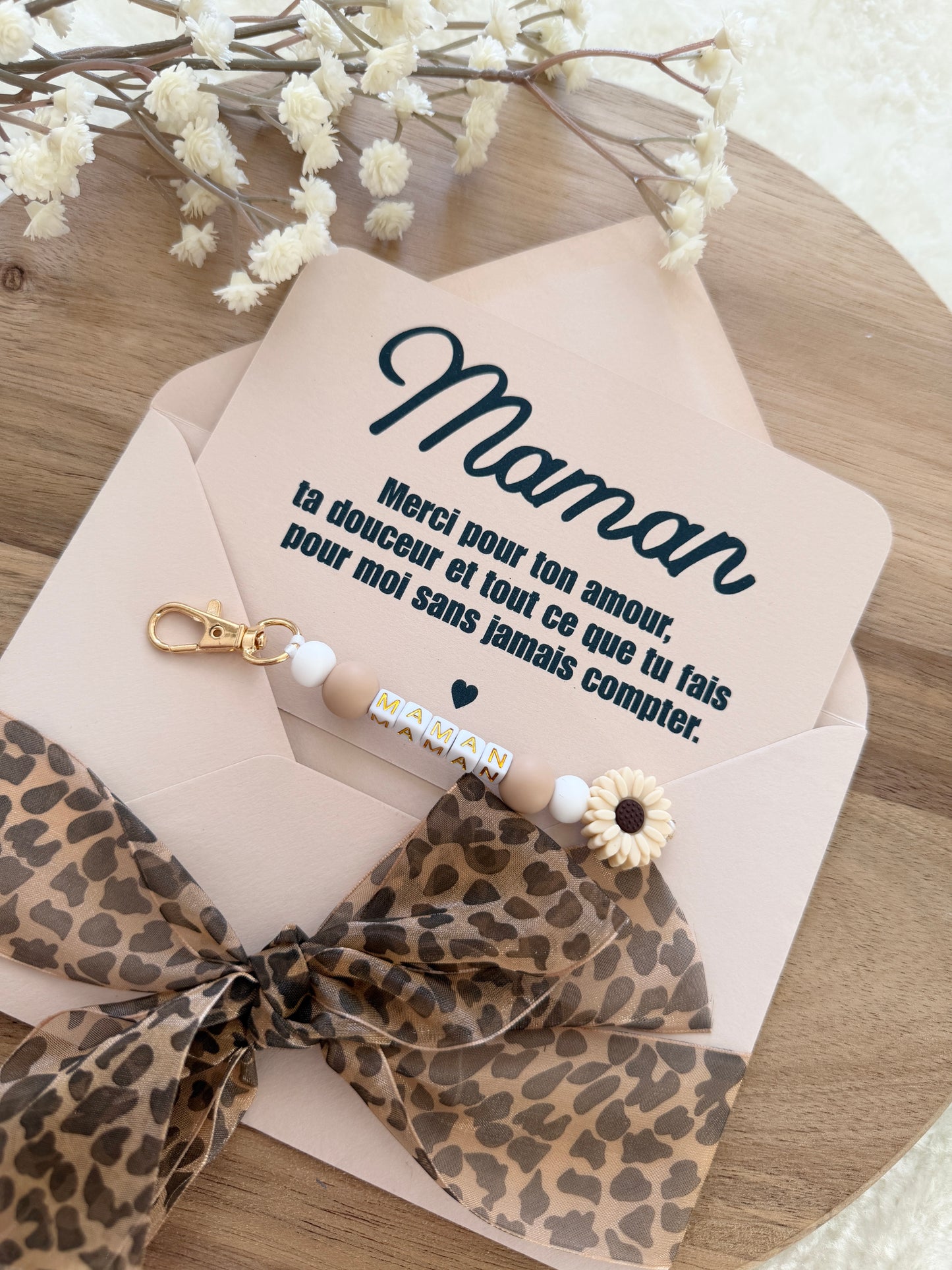 Cadeau fête des mamans, fête des mères, carte avec porte clé léopard