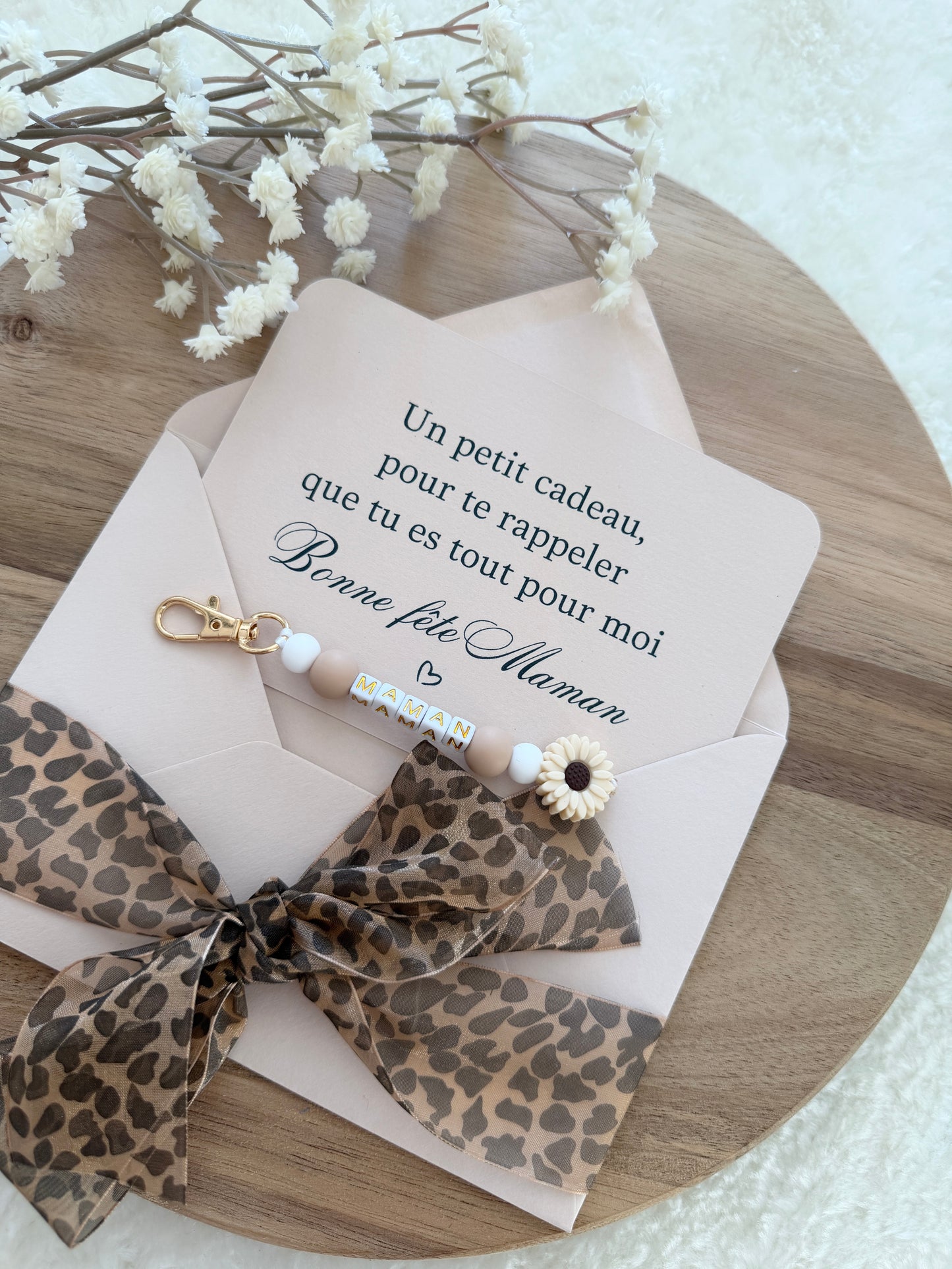 Cadeau fête des mamans, fête des mères, carte avec porte clé léopard