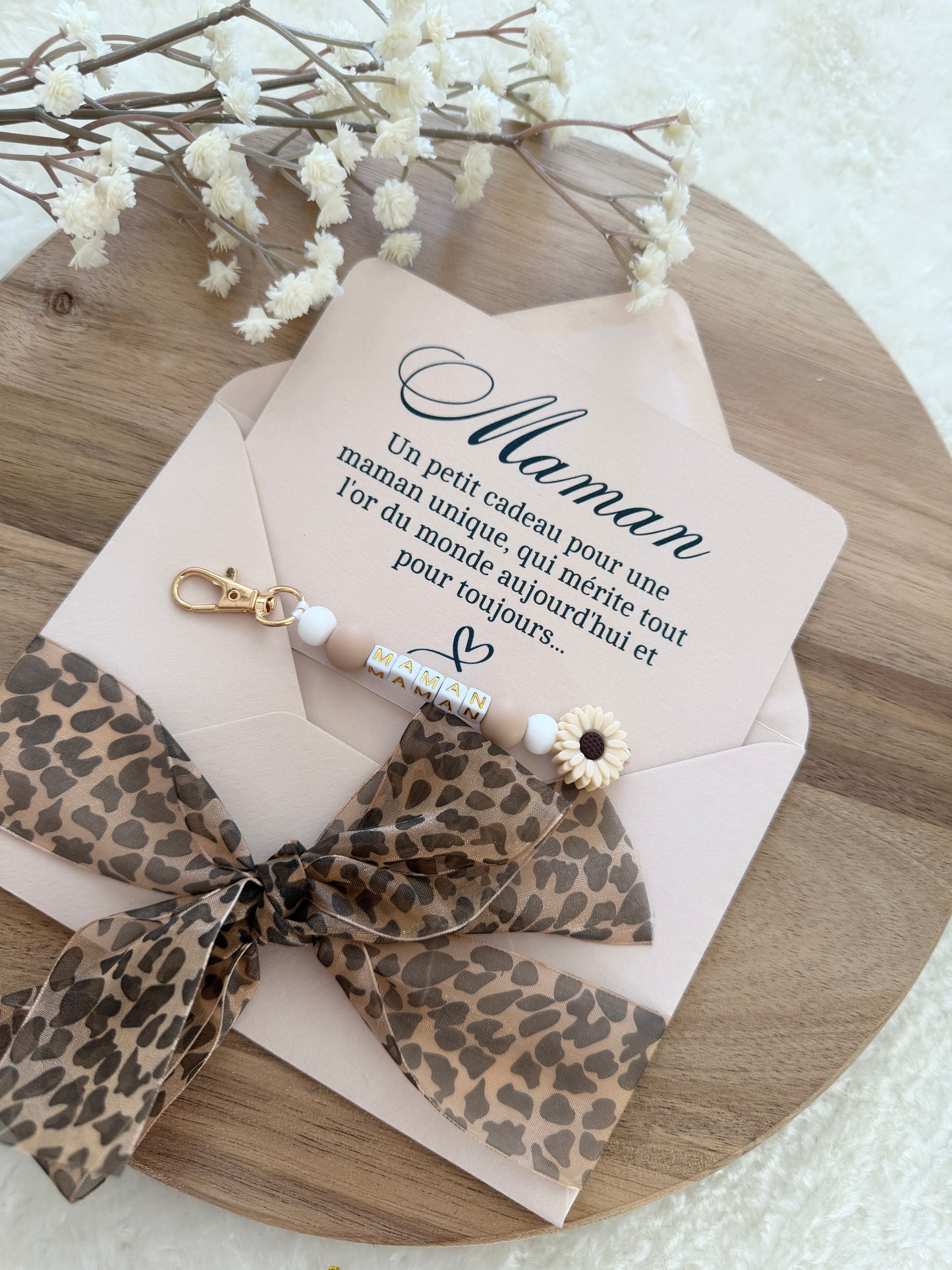 Cadeau fête des mamans, fête des mères, carte avec porte clé léopard