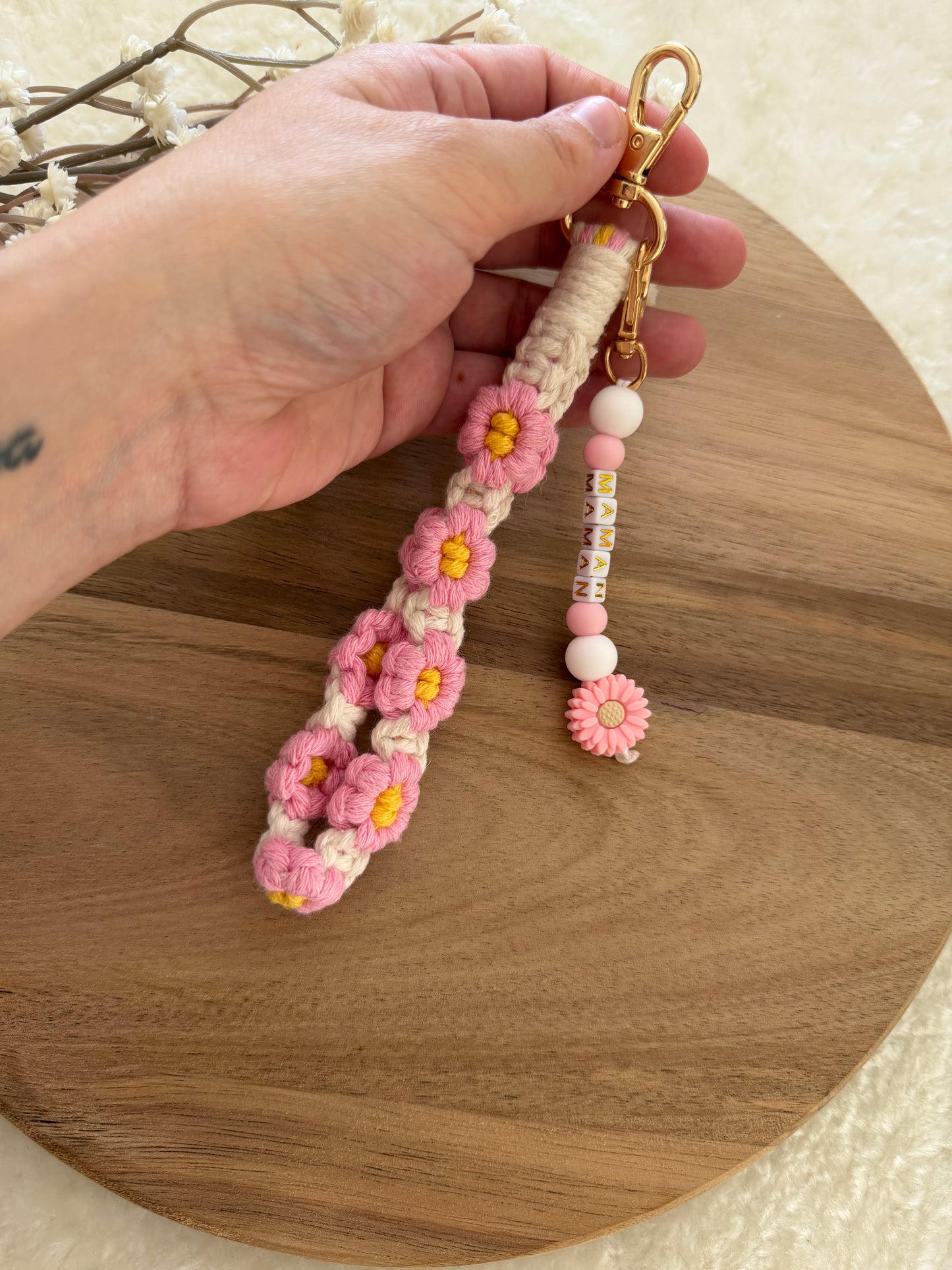 Cadeau fête des mamans, fête des mères, porte clé fleurs rose et jaune