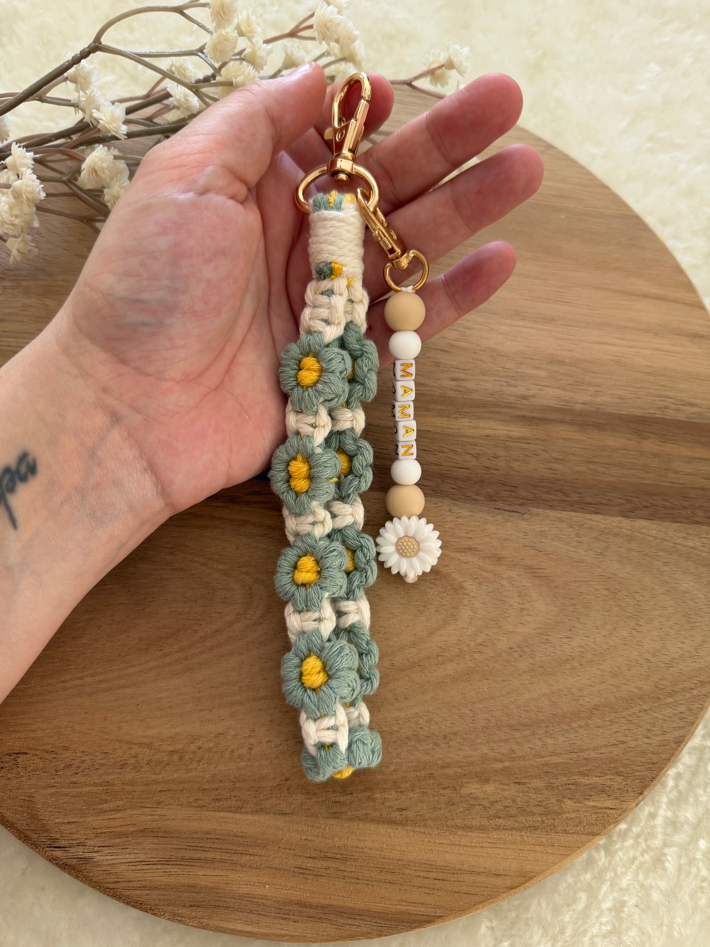 Cadeau fête des mamans, fête des mères, porte clé fleurs vert