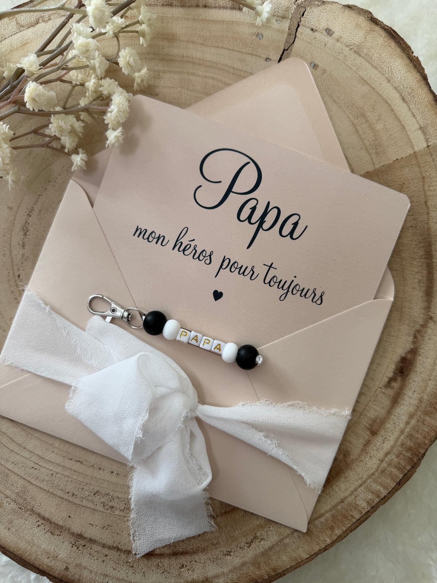 Cadeau fête des pères, papa porte clé perles noir
