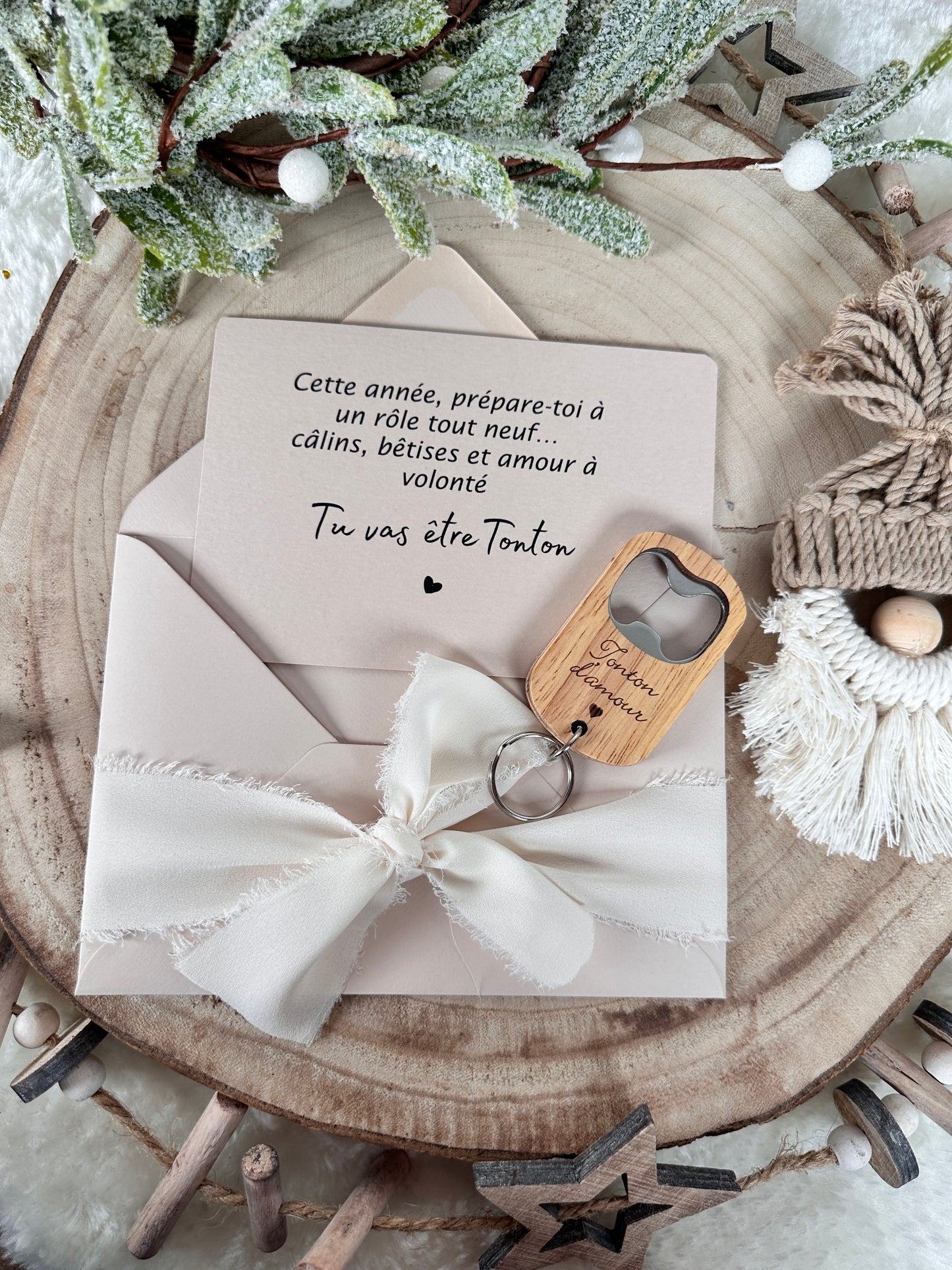 Annonce de grossesse décapsuleur/bouchon bouteille  et carte pour tonton d'amour beige noel
