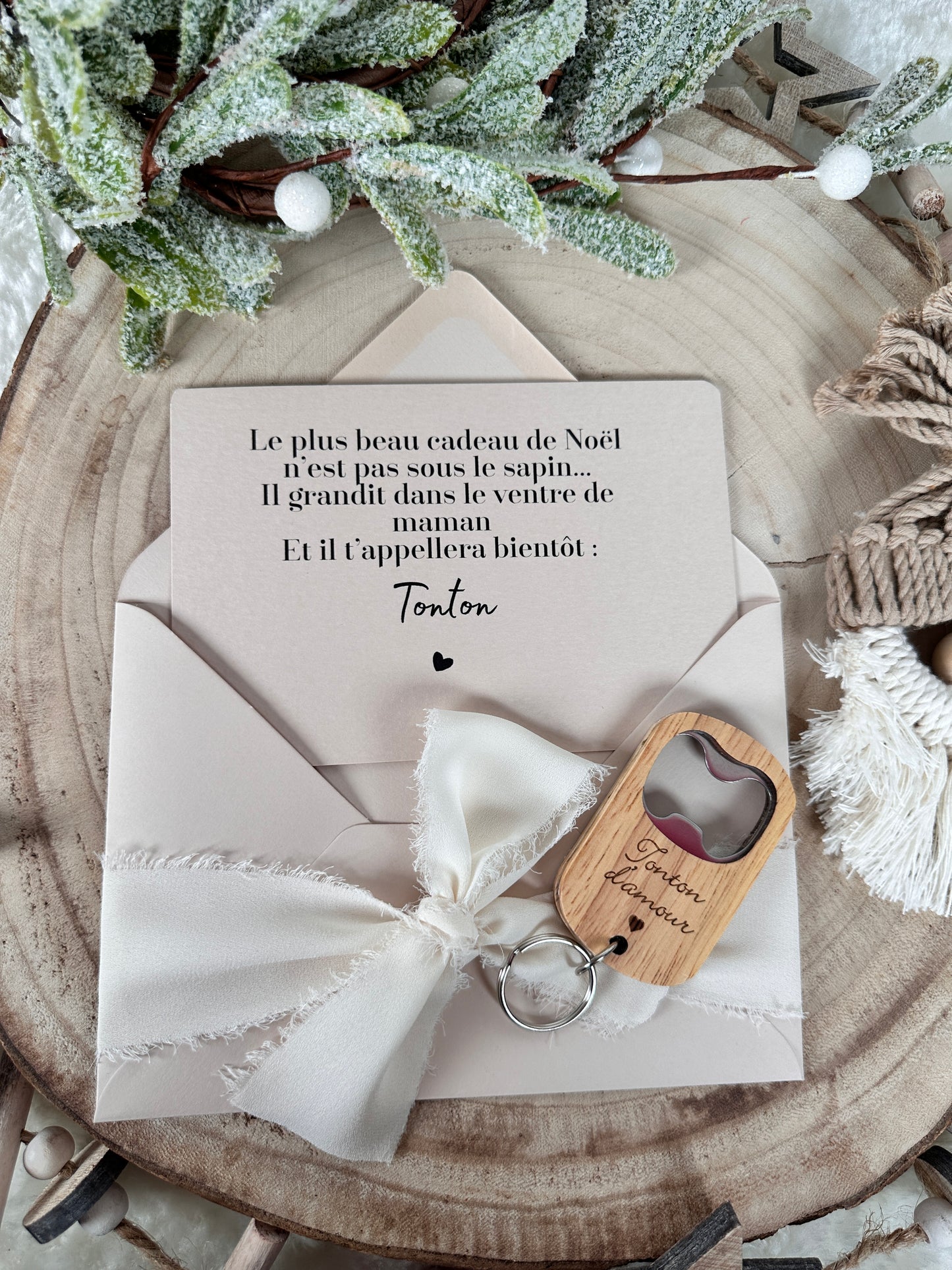 Annonce de grossesse décapsuleur/bouchon bouteille  et carte pour tonton d'amour beige noel