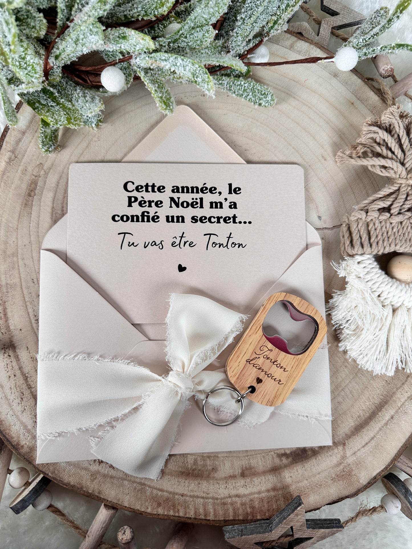 Annonce de grossesse décapsuleur/bouchon bouteille  et carte pour tonton d'amour beige noel