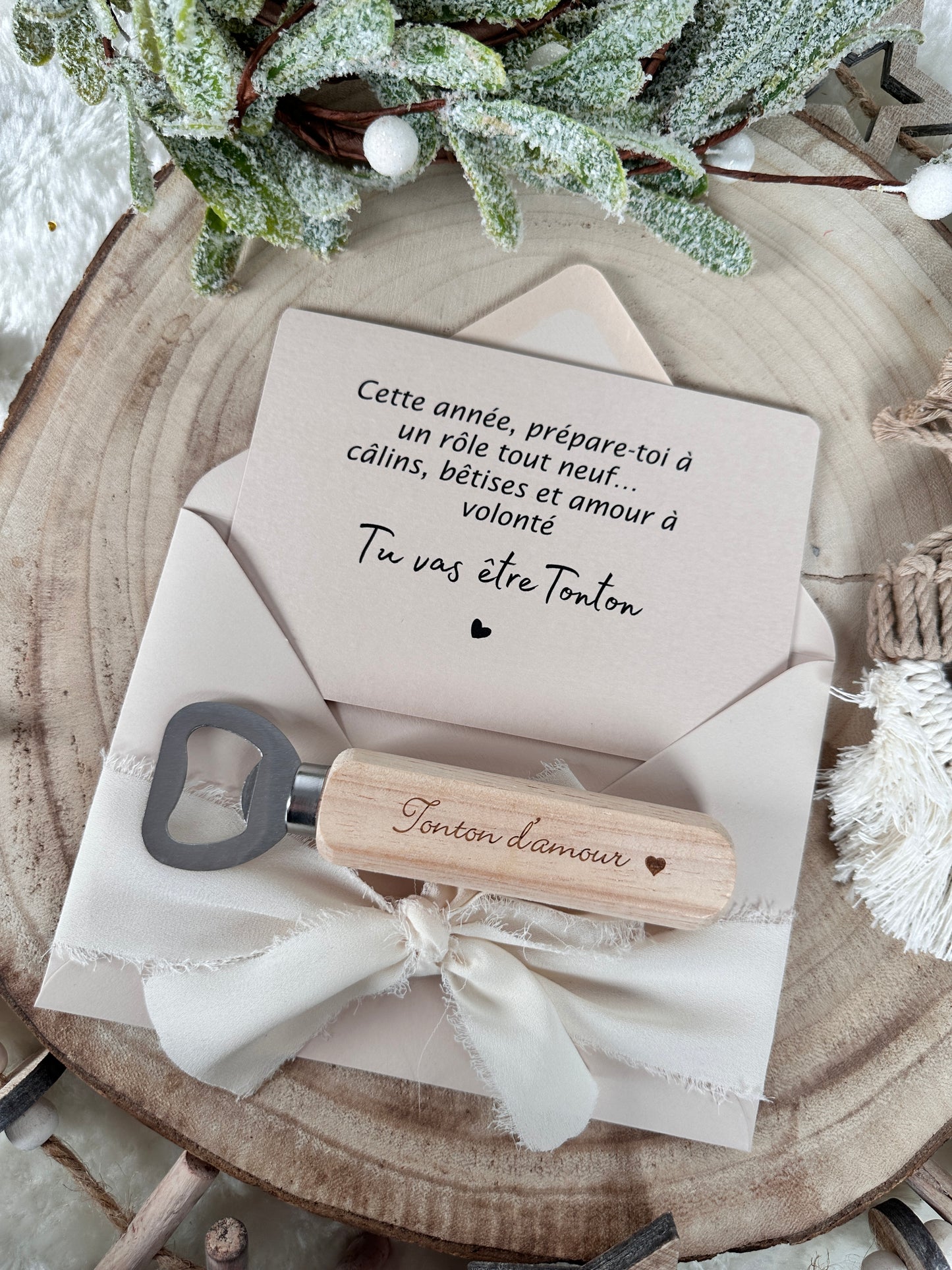 Annonce de grossesse décapsuleur/bouchon bouteille  et carte pour tonton d'amour beige noel