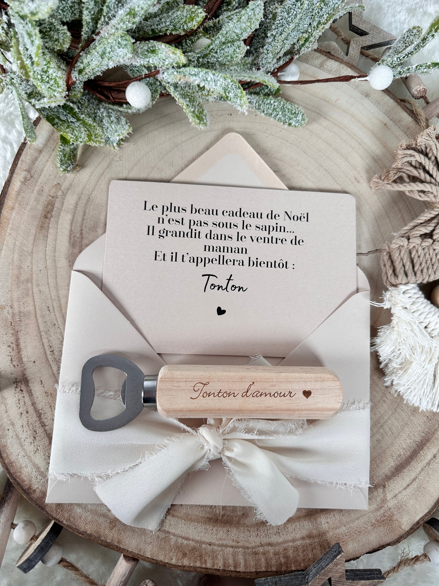 Annonce de grossesse décapsuleur/bouchon bouteille  et carte pour tonton d'amour beige noel
