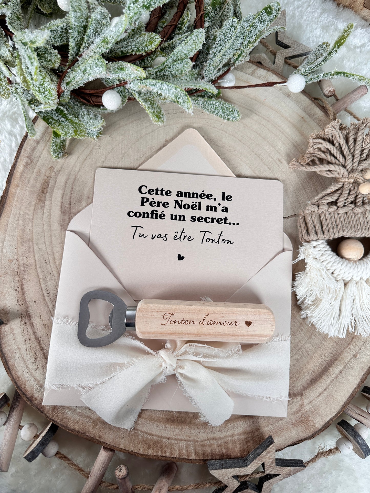 Annonce de grossesse décapsuleur/bouchon bouteille  et carte pour tonton d'amour beige noel