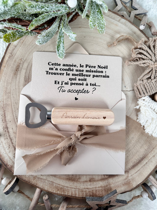 Annonce grossesse, demande parrain carte décapsuleur simple ou porte clé noel