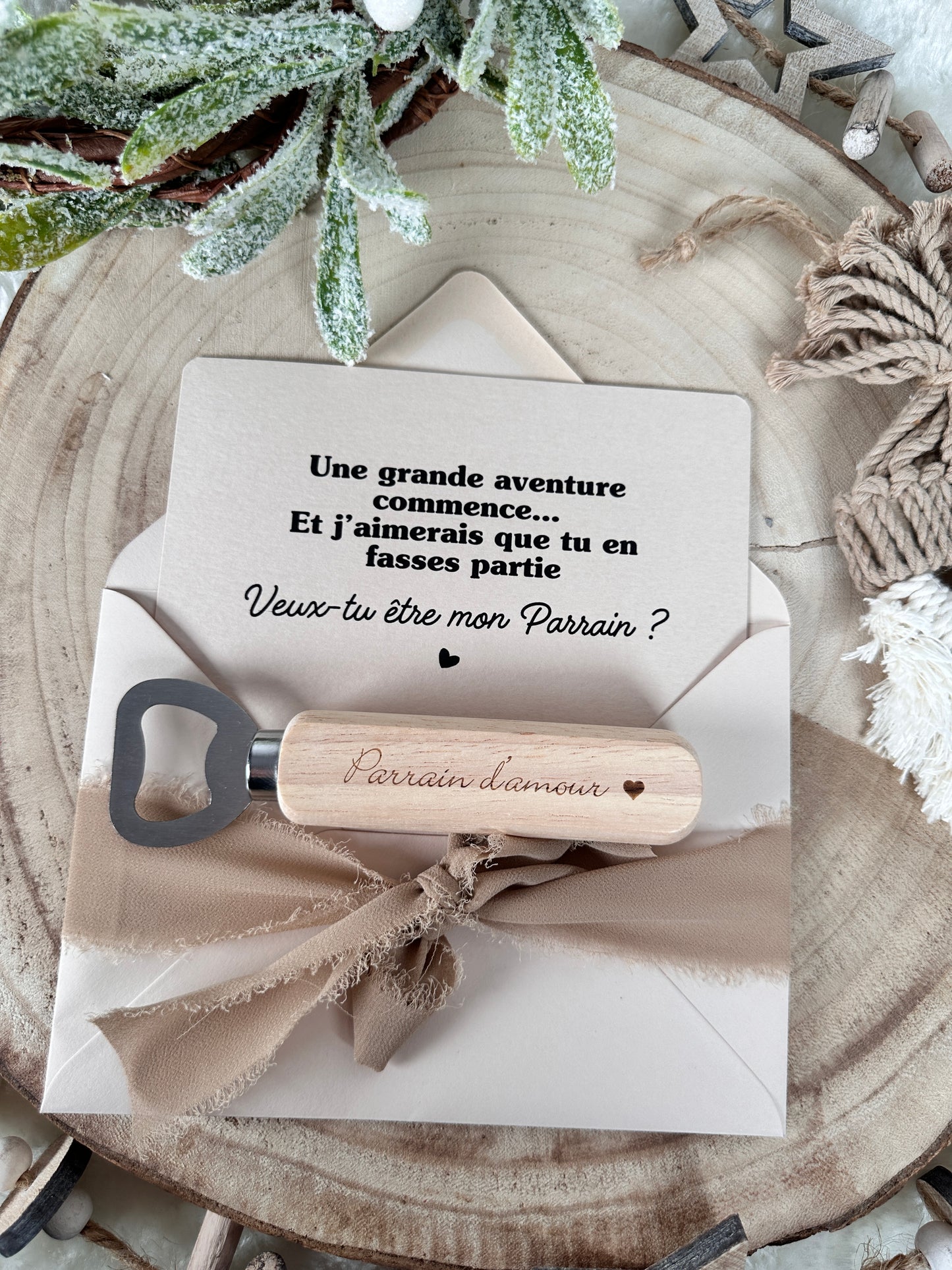 Annonce grossesse, demande parrain carte décapsuleur simple ou porte clé noel