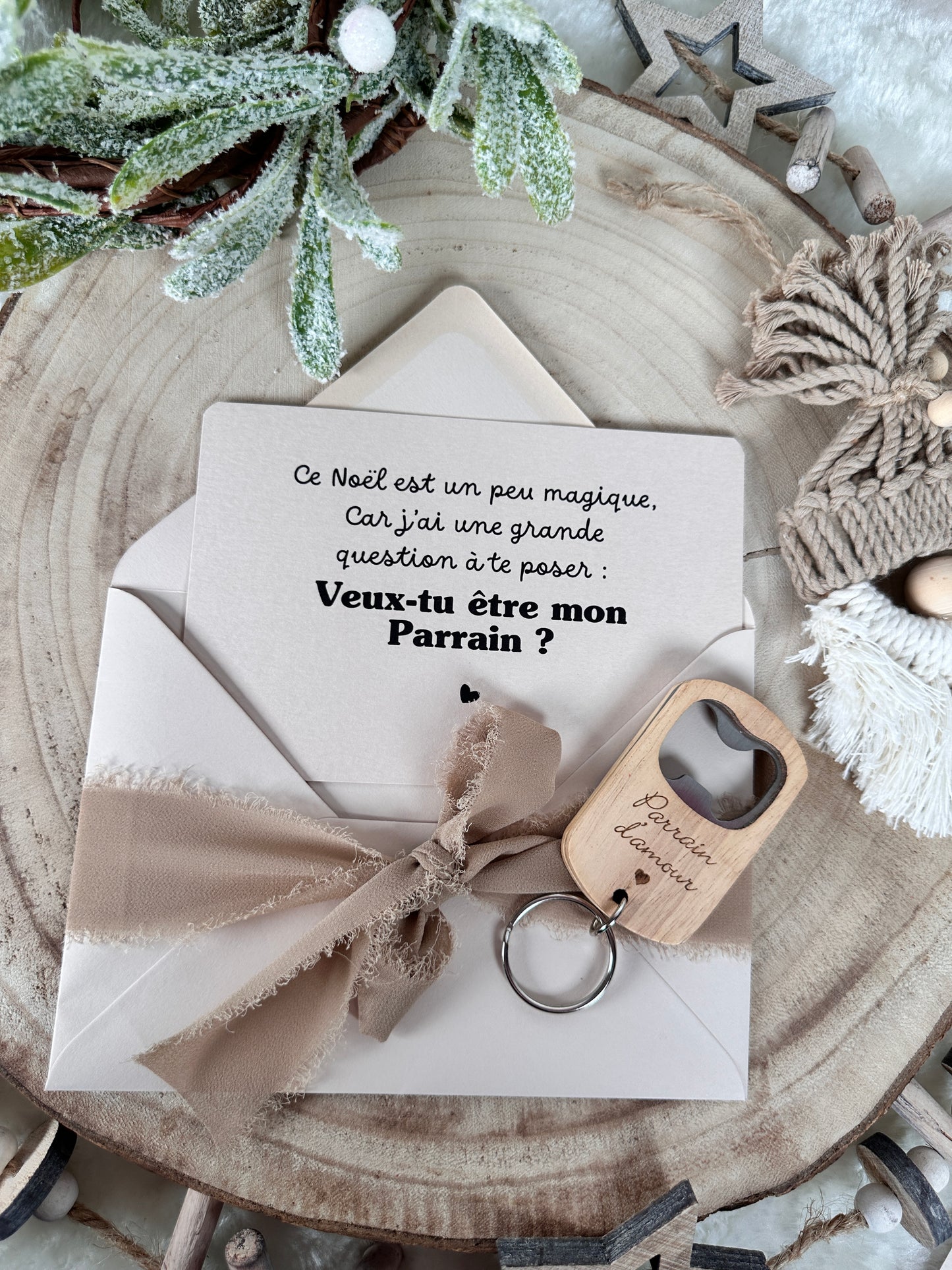 Annonce grossesse, demande parrain carte décapsuleur simple ou porte clé noel