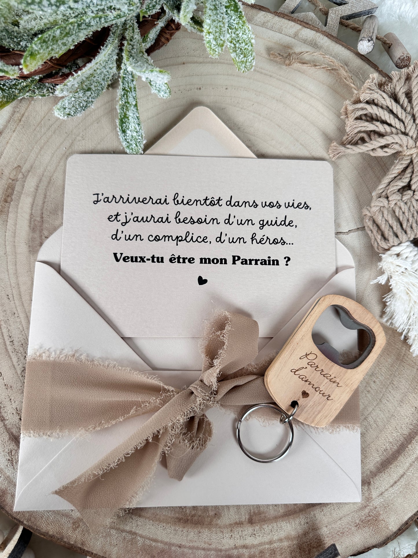 Annonce grossesse, demande parrain carte décapsuleur simple ou porte clé noel