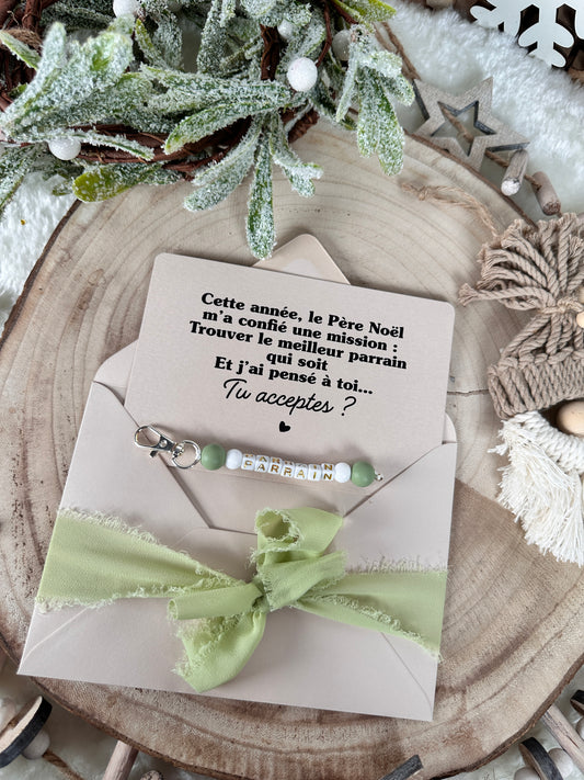 Annonce grossesse, demande parrain carte porte clé noel vert perle