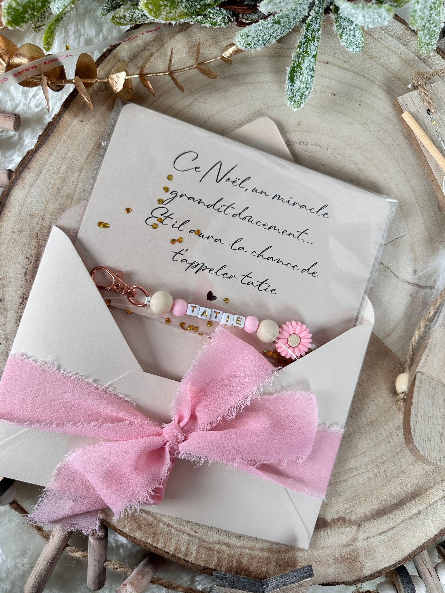 Annonce grossesse tatie carte porte-clés rose noel