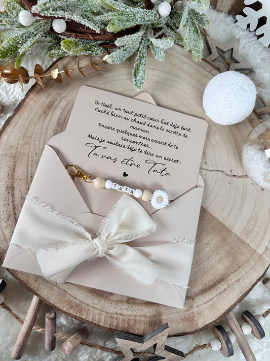 Annonce grossesse carte porte clé perle tata beige noel
