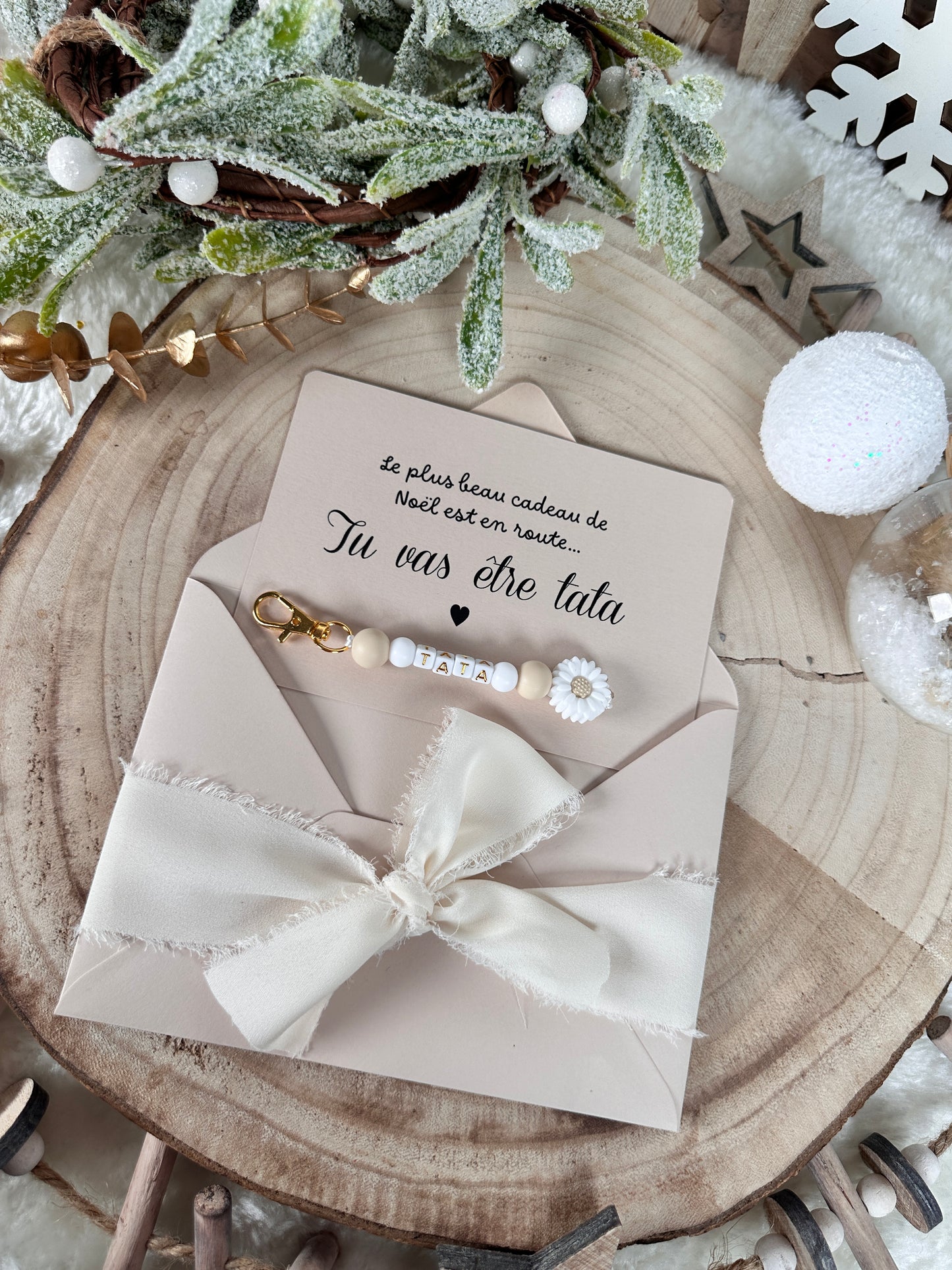 Annonce grossesse carte porte clé perle tata beige noel