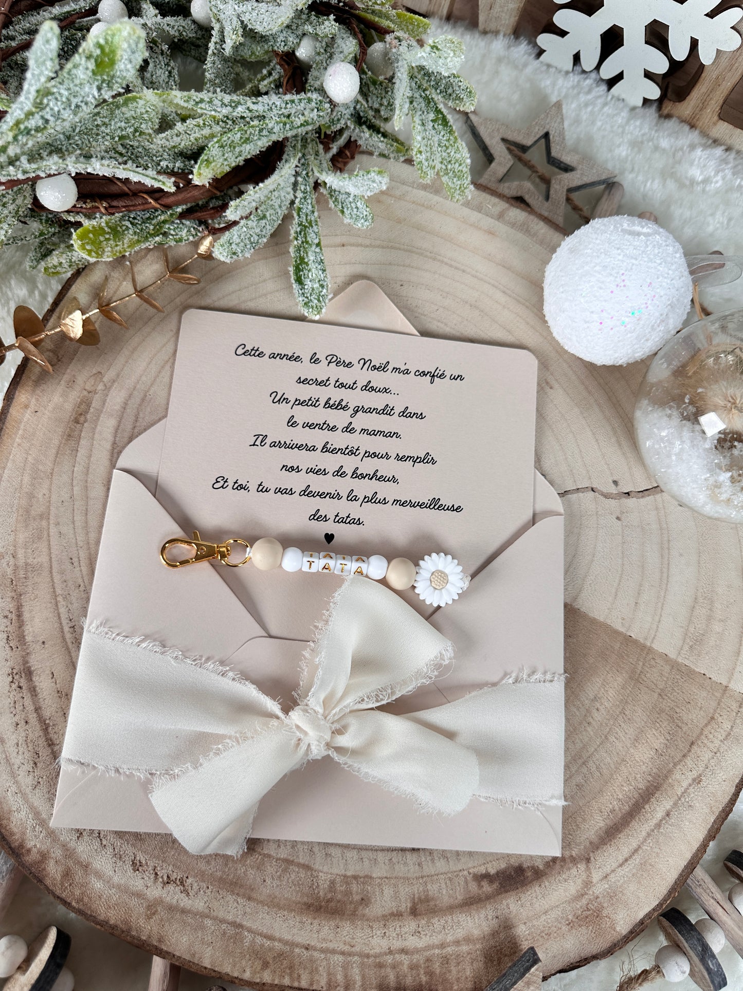 Annonce grossesse carte porte clé perle tata beige noel