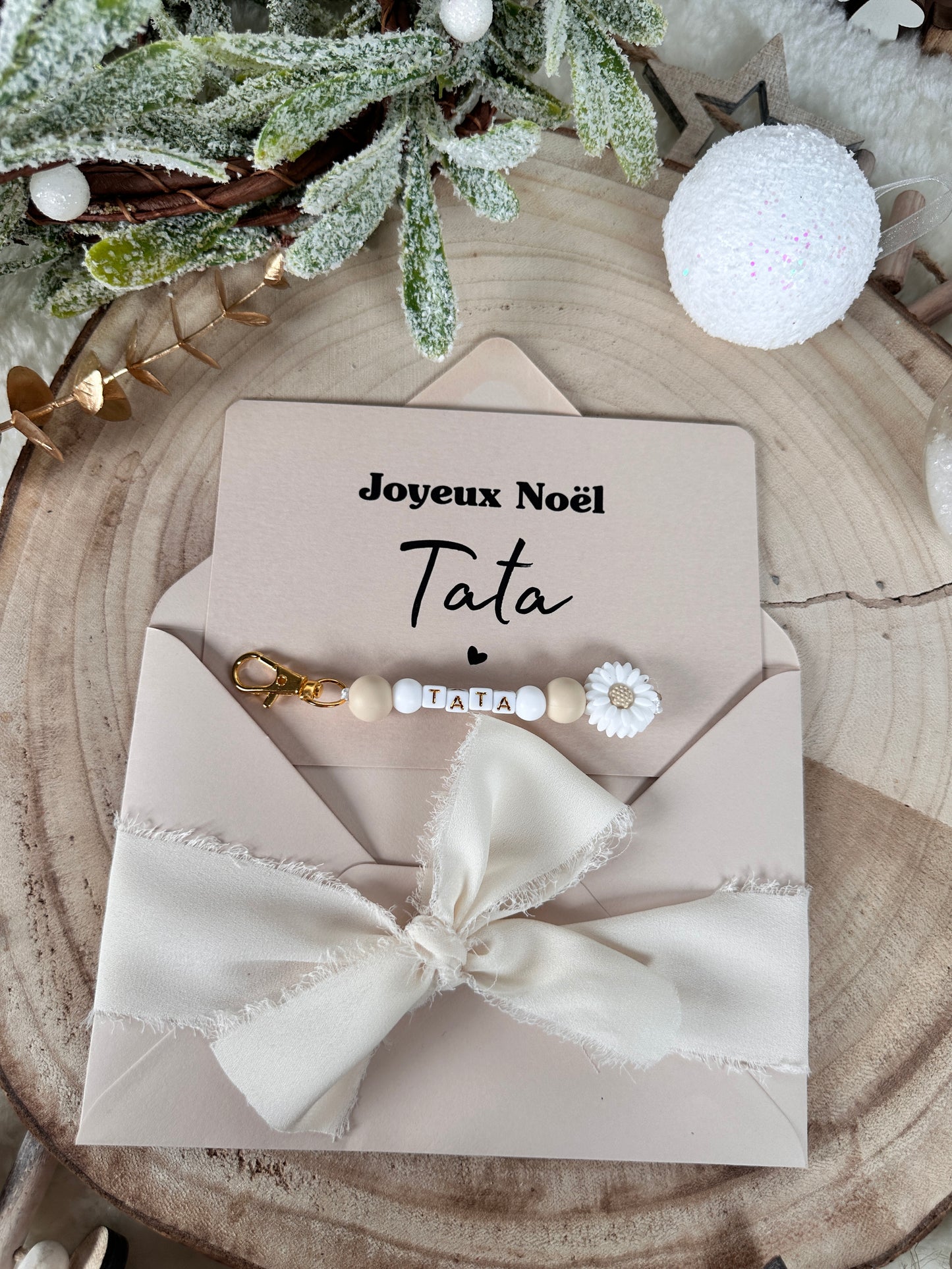 Annonce grossesse carte porte clé perle tata beige noel