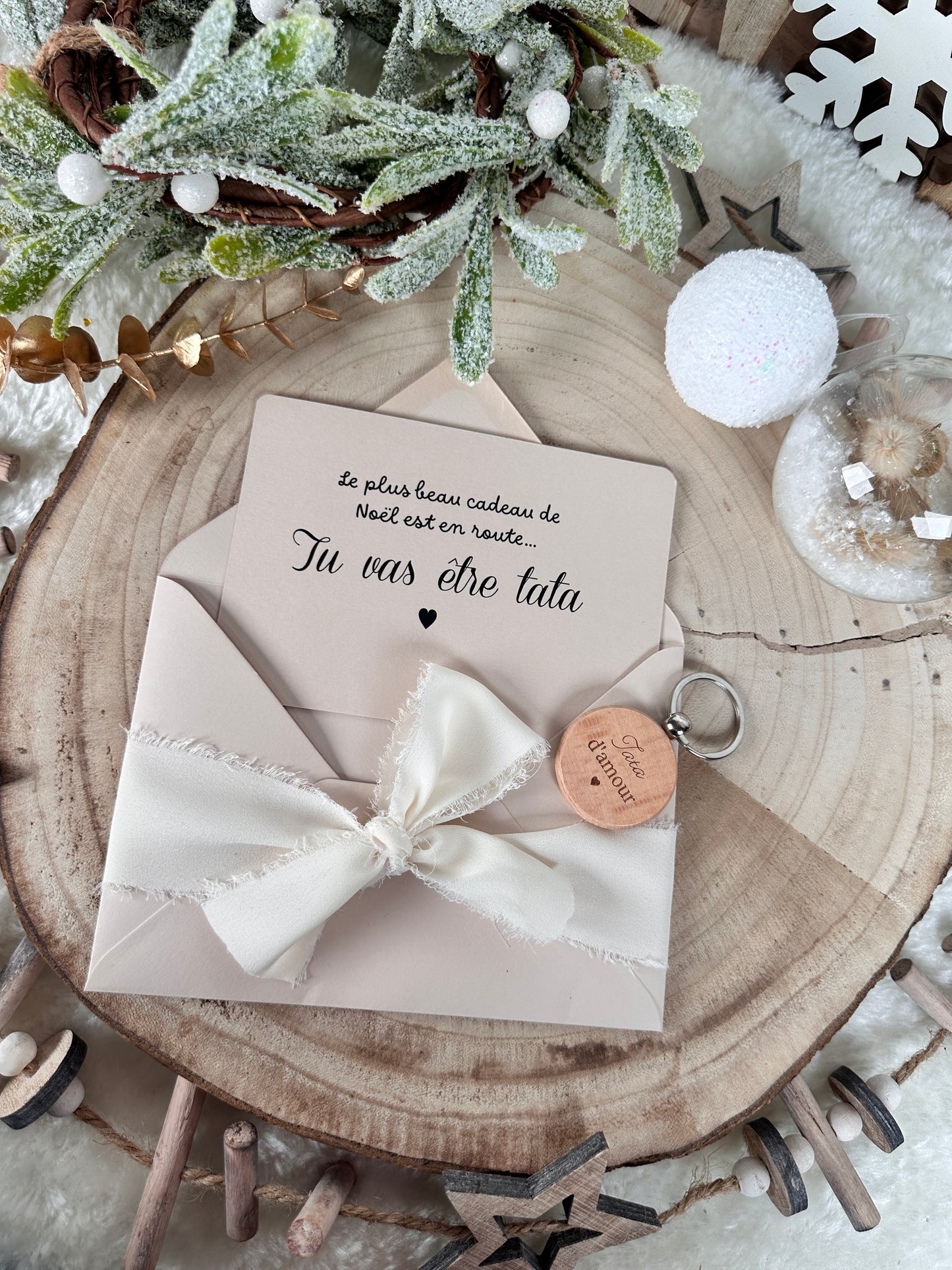 Annonce grossesse carte porte clé bois tata beige noel