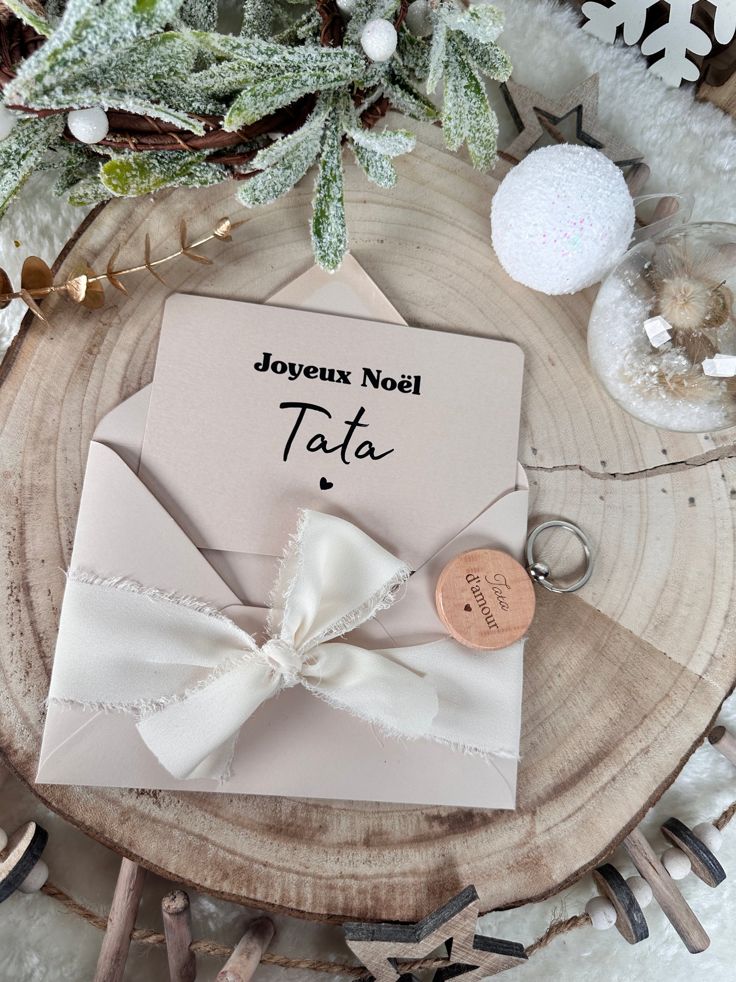Annonce grossesse carte porte clé bois tata beige noel