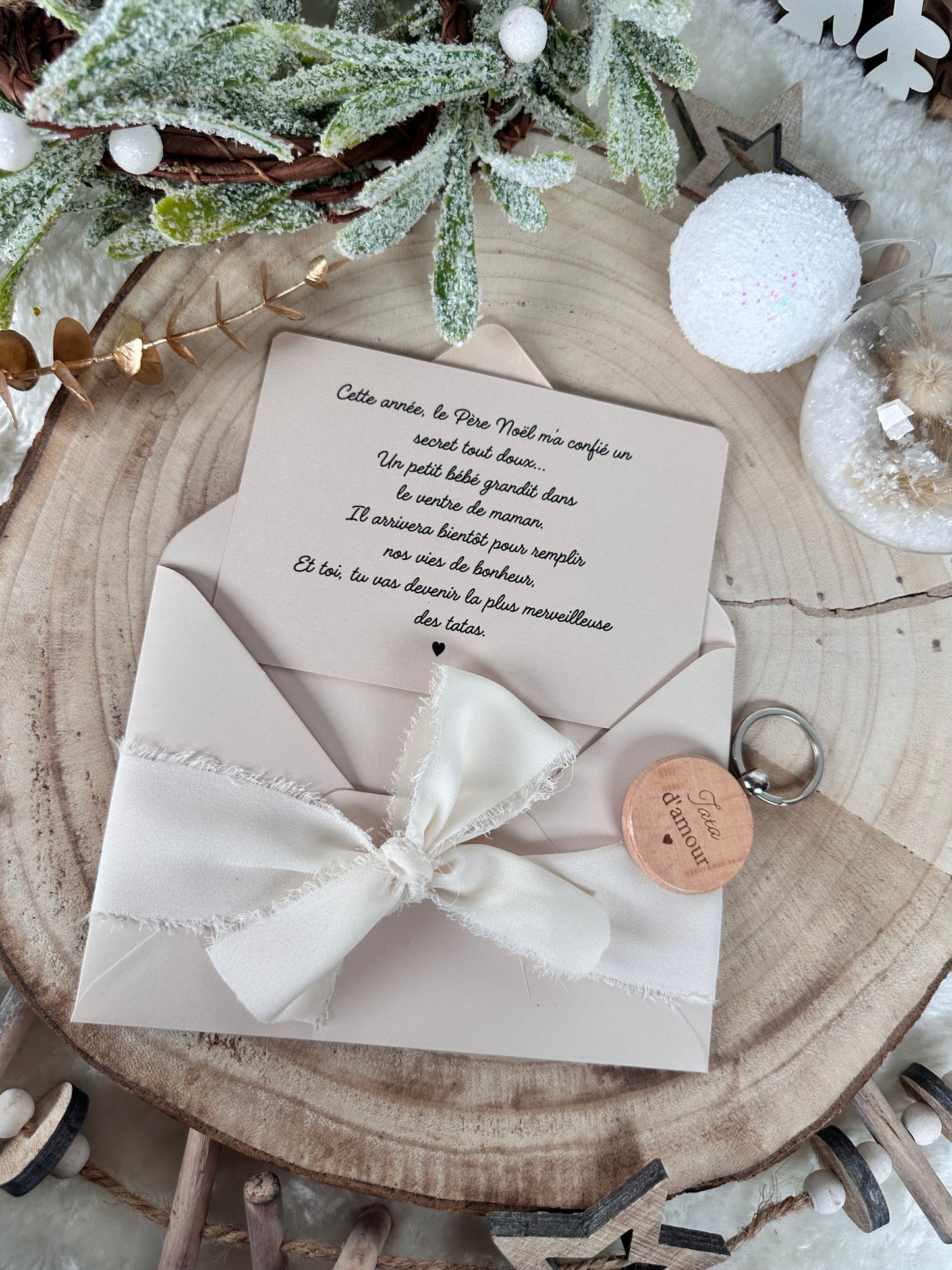 Annonce grossesse carte porte clé bois tata beige noel