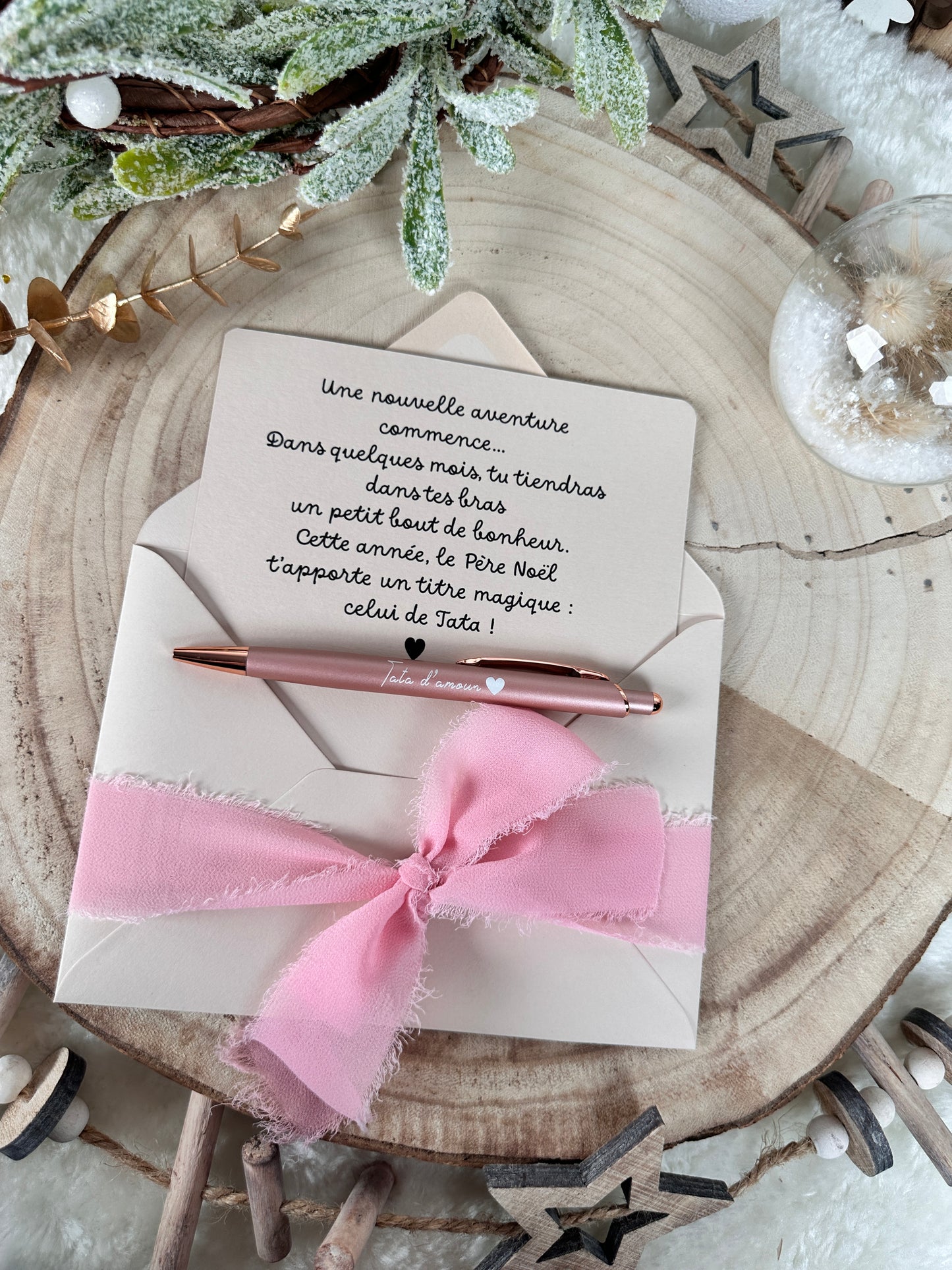 Annonce grossesse carte stylo tata beige Noël