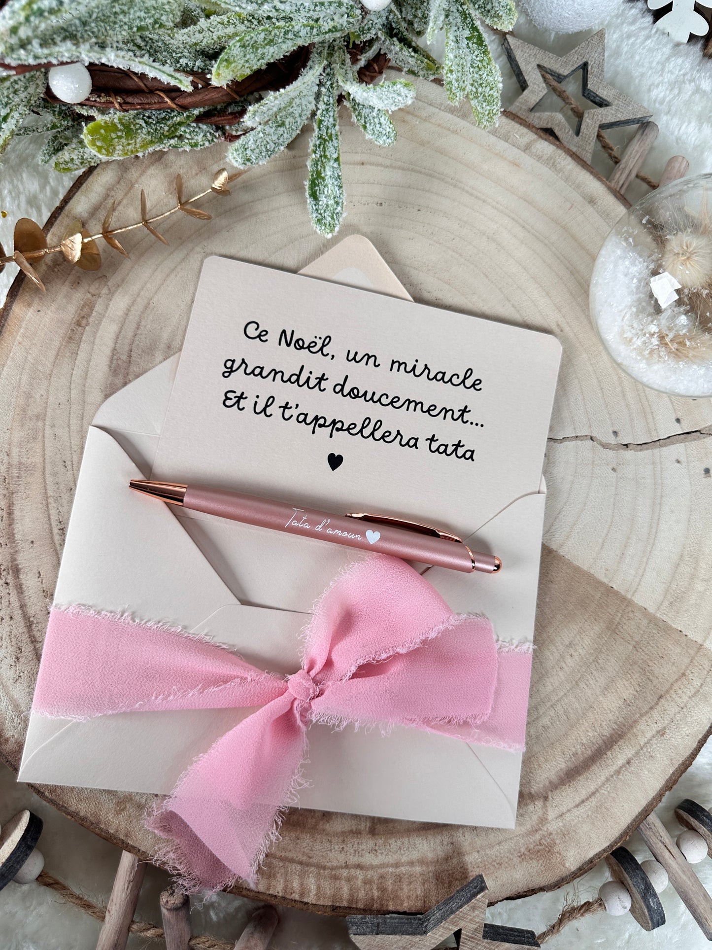 Annonce grossesse carte stylo tata beige Noël