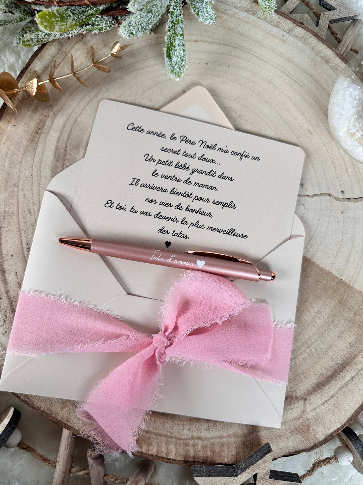 Annonce grossesse carte stylo tata beige Noël
