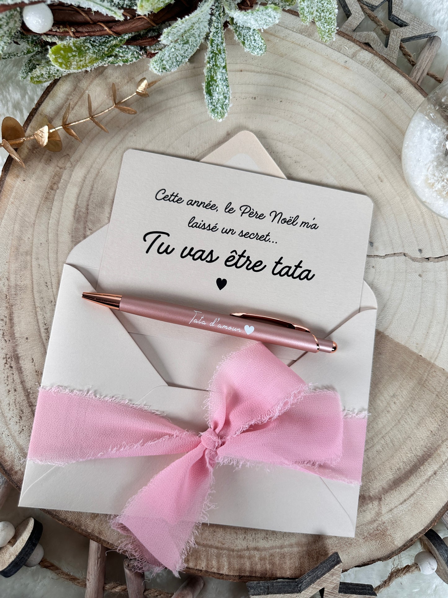 Annonce grossesse carte stylo tata beige Noël