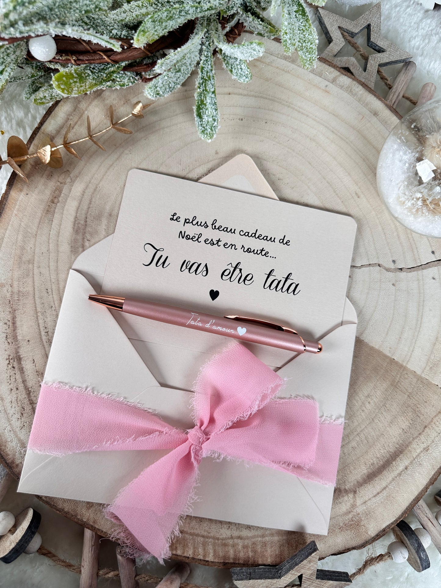 Annonce grossesse carte stylo tata beige Noël