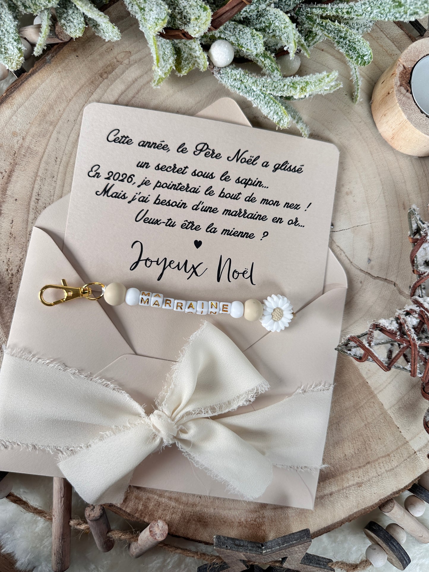 Annonce grossesse, demande marraine, blanc baptême, carte et porte clé en perles noel