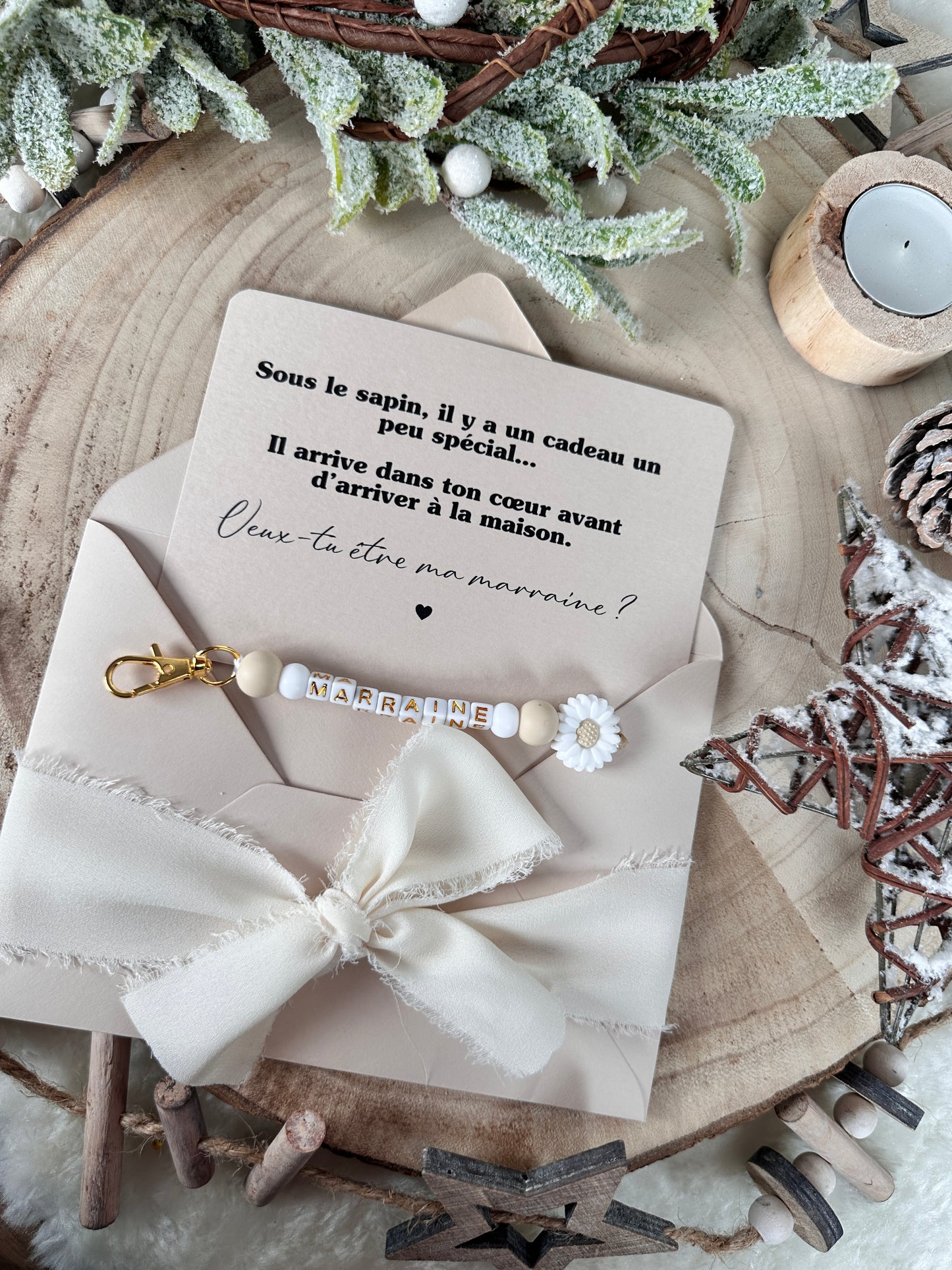 Annonce grossesse, demande marraine, blanc baptême, carte et porte clé en perles noel