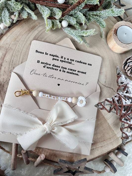 Annonce grossesse, demande marraine, blanc baptême, carte et porte clé en perles noel