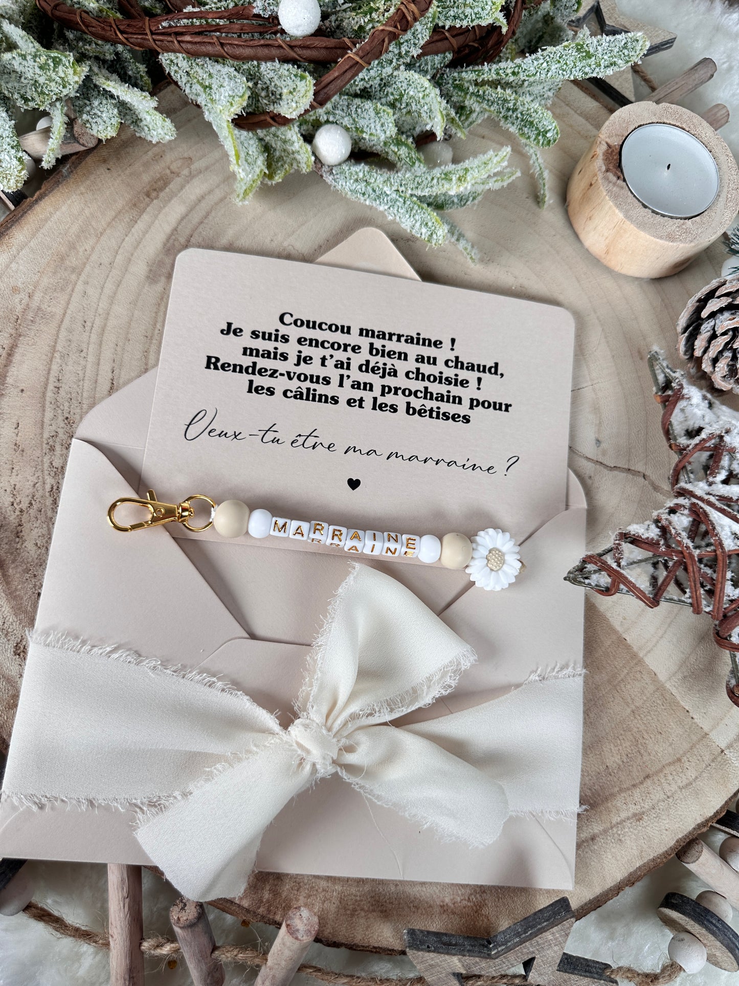 Annonce grossesse, demande marraine, blanc baptême, carte et porte clé en perles noel