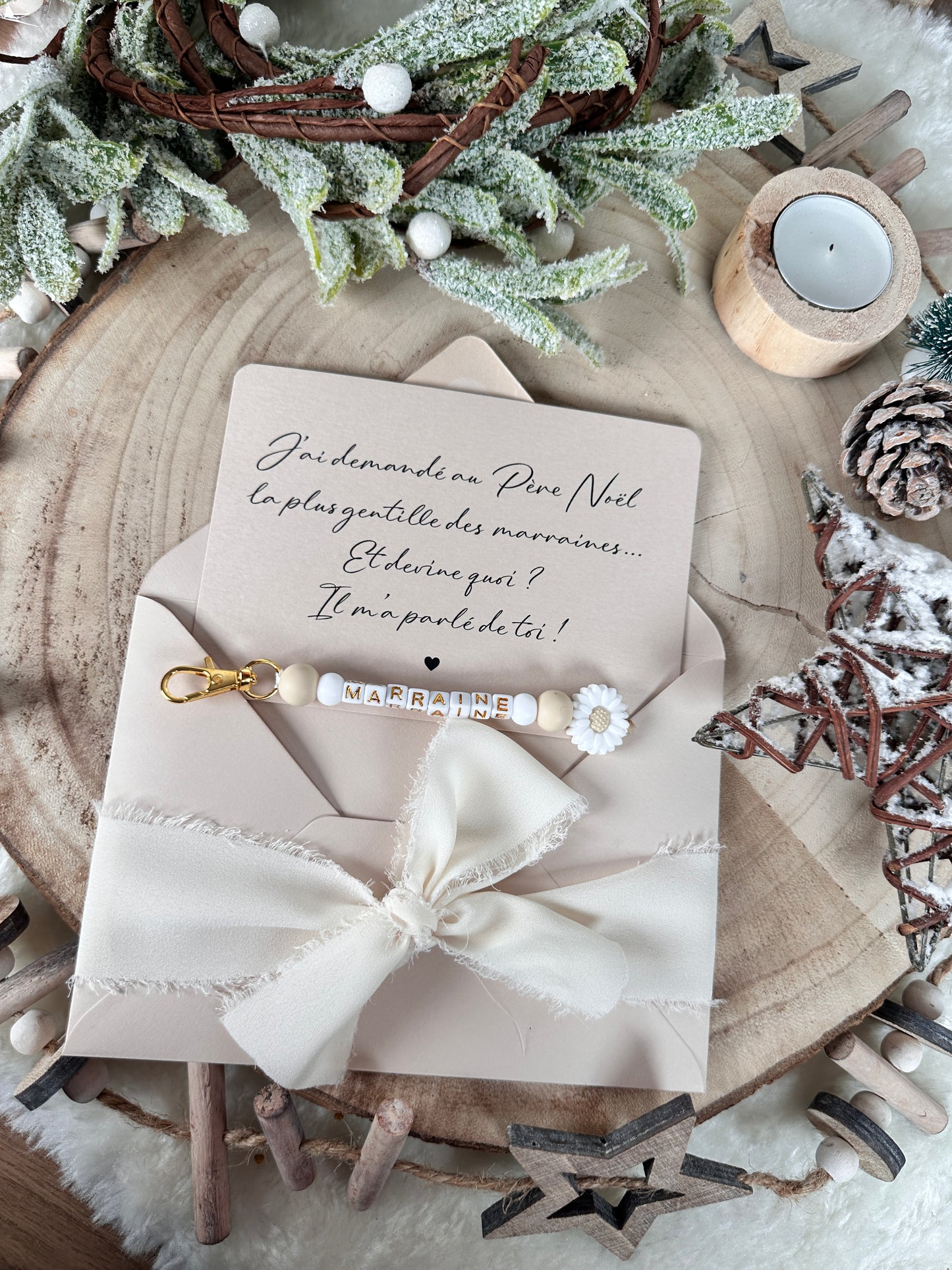 Annonce grossesse, demande marraine, blanc baptême, carte et porte clé en perles noel