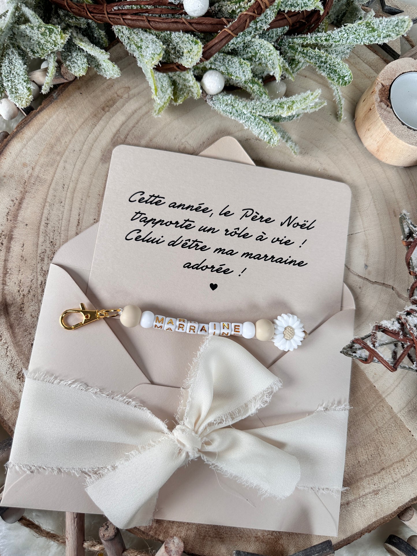 Annonce grossesse, demande marraine, blanc baptême, carte et porte clé en perles noel