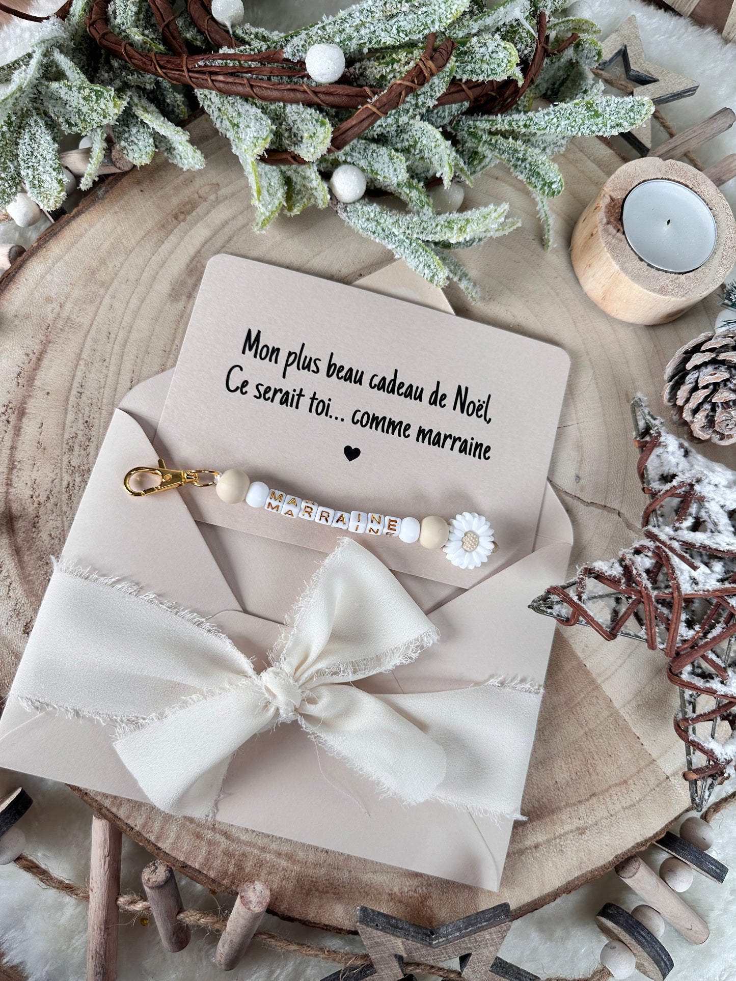 Annonce grossesse, demande marraine, blanc baptême, carte et porte clé en perles noel