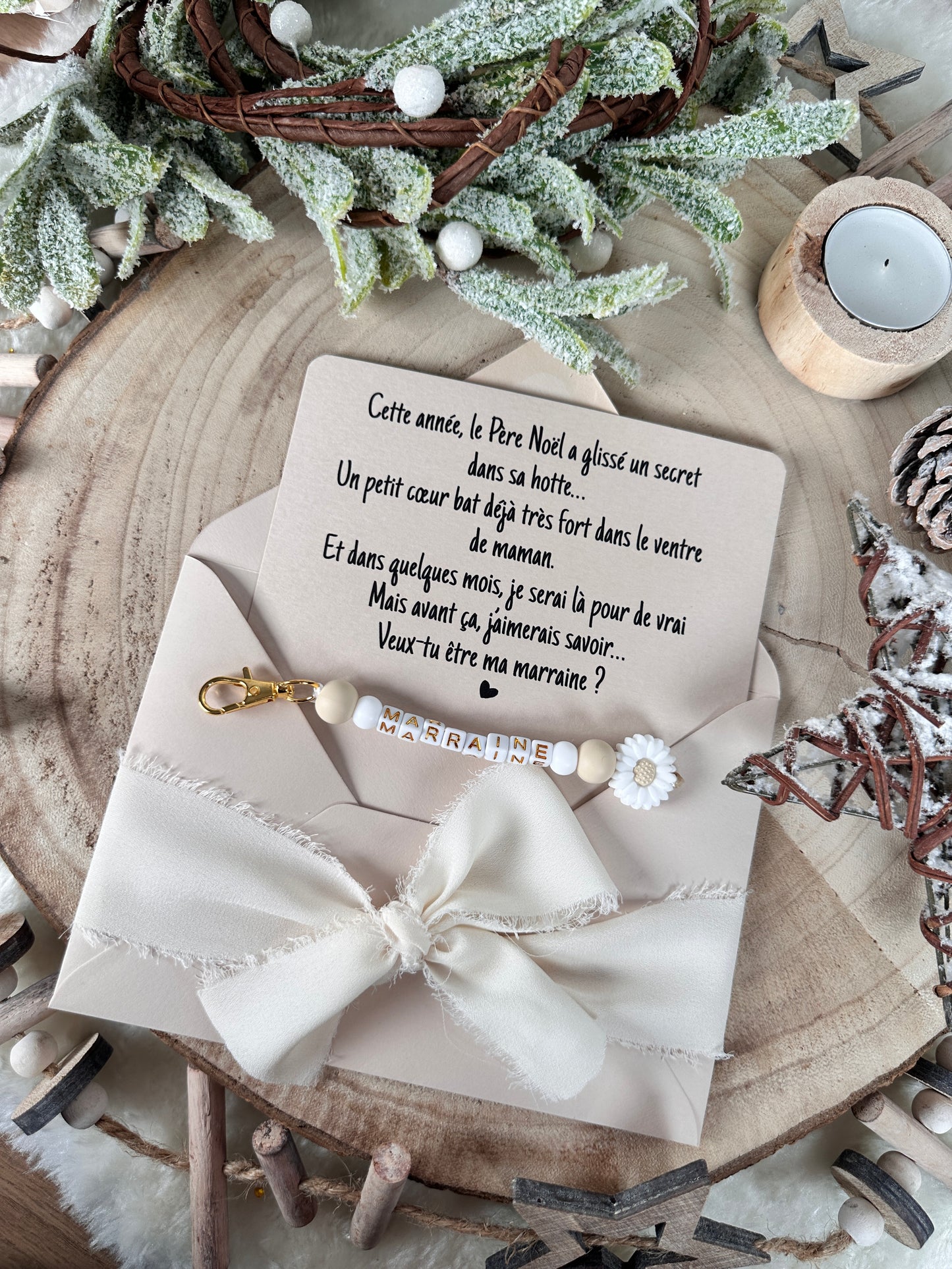 Annonce grossesse, demande marraine, blanc baptême, carte et porte clé en perles noel