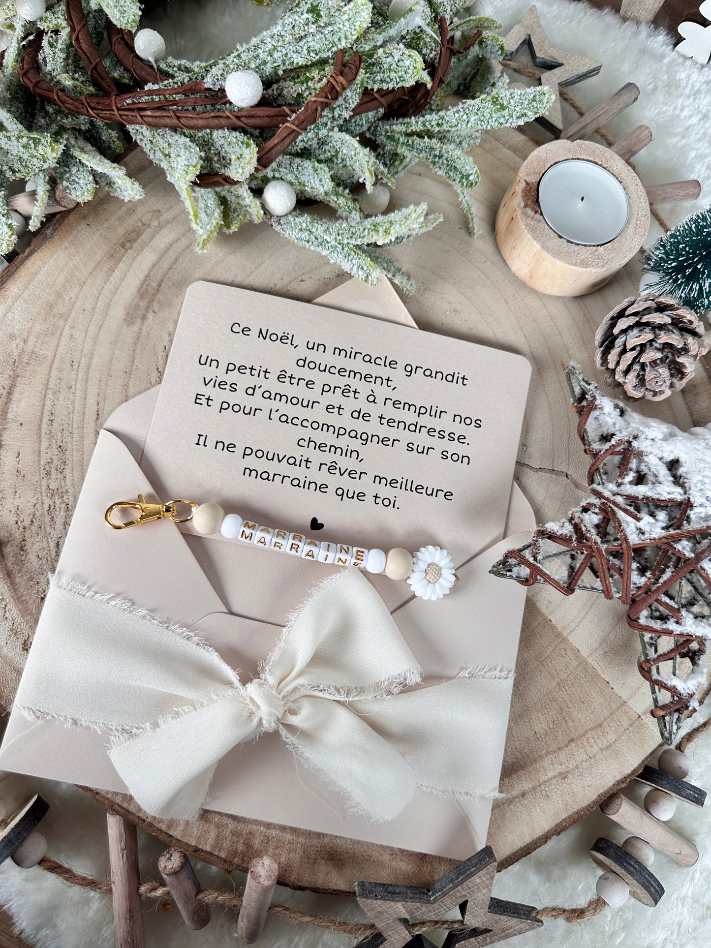 Annonce grossesse, demande marraine, blanc baptême, carte et porte clé en perles noel