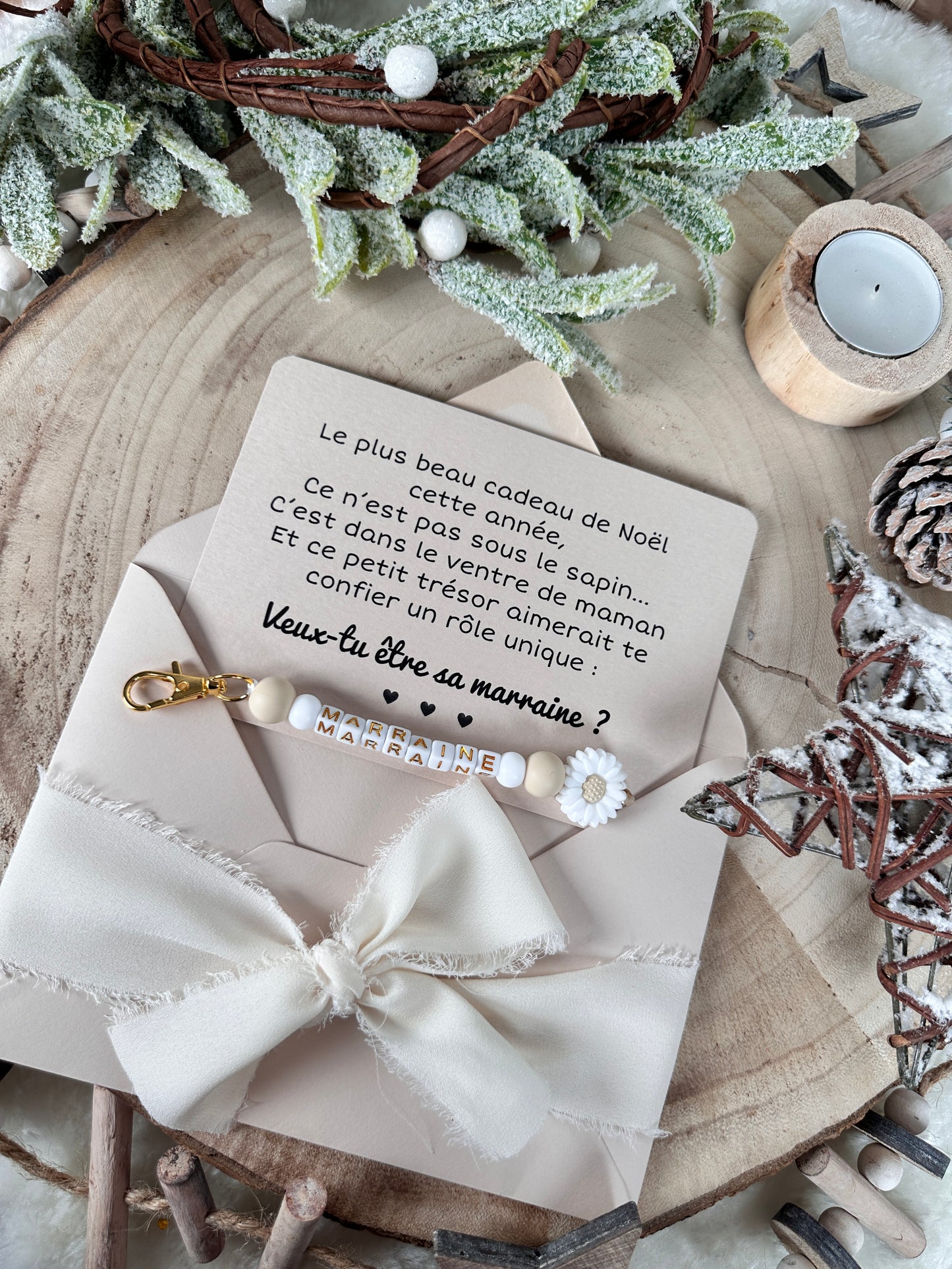 Annonce grossesse, demande marraine, blanc baptême, carte et porte clé en perles noel