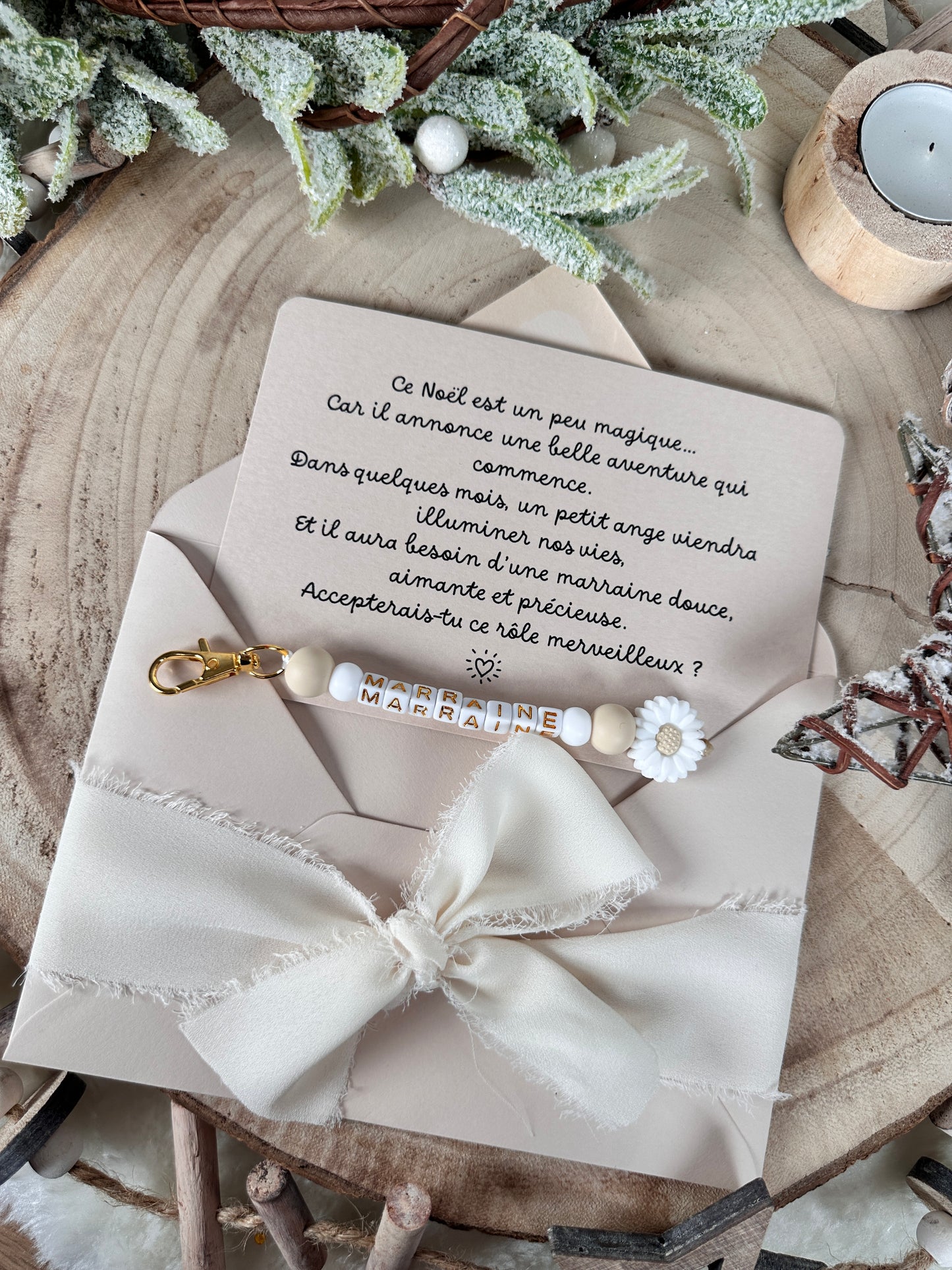 Annonce grossesse, demande marraine, blanc baptême, carte et porte clé en perles noel