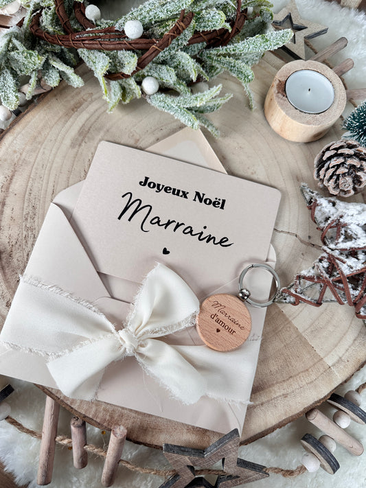 Annonce grossesse, demande marraine, blanc baptême, carte et porte clé en bois noel