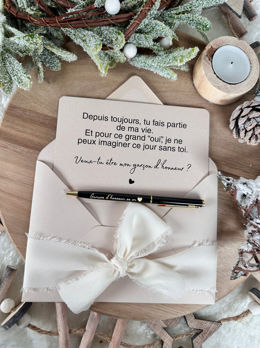 Demande garçon d'honneur carte et stylo "garçon  d'honneur en Or" beige noel