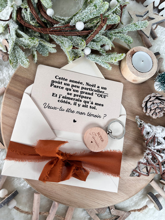 Demande témoin carte et porte clé "Super Témoin " beige masculin noel