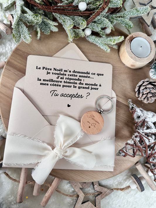 Demande témoin carte et porte clé "Super Témoin " beige féminin noel